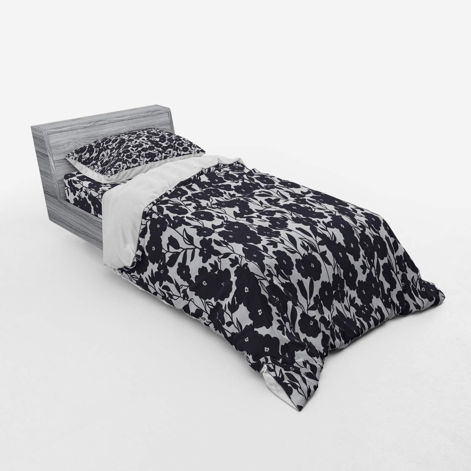Ambesonne Floral Bedding Set - Dark Charcoal Gardening Flowers Leaves & Swirls Modern Art Print Duvet Cover, 3-Piece Set with Sham & Fitted Sheet, Twin XL Size, Navy Blue & White | Perfect for Modern Bedrooms, Guest Rooms & Dorm Decor