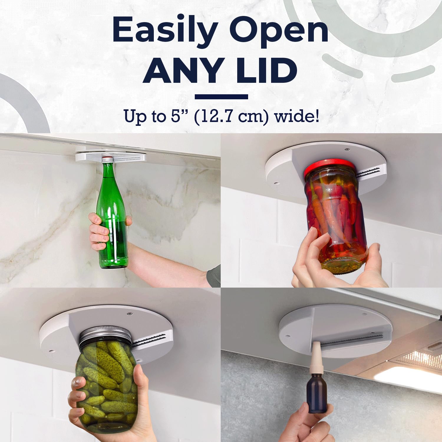 EZ Off Jar Opener for Seniors & Weak Hands - Under Cabinet Easy Grip Arthritis Jar Opener, One-Handed Kitchen Gadget & Bottle Opener - Essential Home Assistance Tool for Elderly & Disabled (White) - Perfect for Opening Stubborn Jars, Cans & Bottles in Kitchen & Pantry