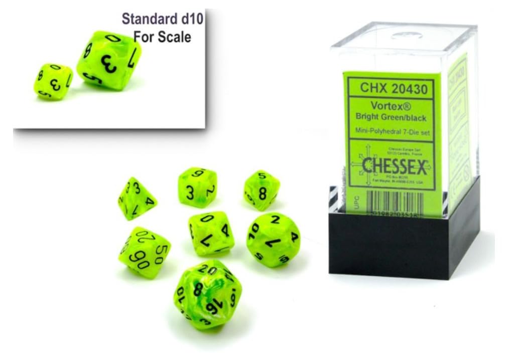 Chessex Vortex Bright Green & Black 10mm Polyhedral Dice Set for Dungeons & Dragons, D&D, DND, TTRPG - Includes 7 Dice (D4, D6, D8, D10, D12, D20, D%) - Perfect for Tabletop RPG Gaming, Board Games & Collectors - CHX20430
