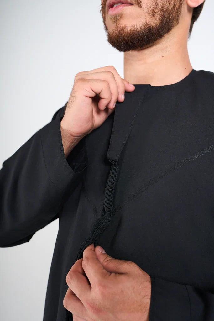 Premium Black Emirati Thobe/Jubbah for Men - Traditional Arabic Robe for Eid, Wedding & Special Occasions