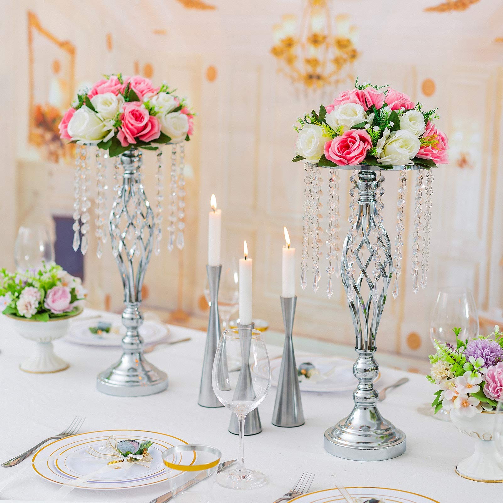 10pcs 20-inch Silver Metal Flower Stand with Crystal Beads - Elegant Floor Vase Holder for Wedding Table Decor, Party Centerpiece, Birthday & Grand Opening Events - Perfect for Indoor & Outdoor Celebrations