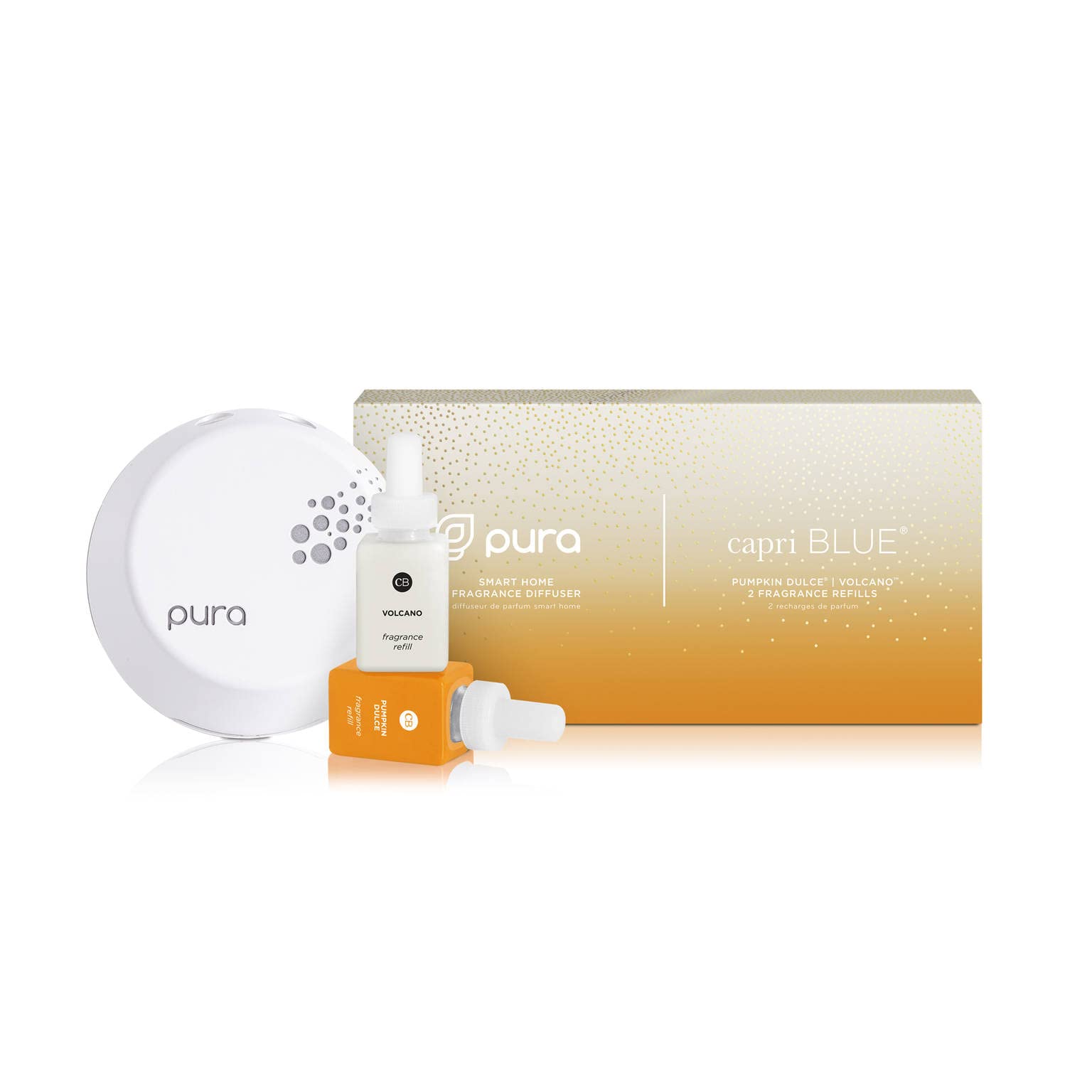 Capri Blue Pura Smart Home Plug-in Aromatherapy Diffuser Kit - Includes 1 Pura V3 Diffuser + 2 Capri Blue Fragrance Refills (Volcano, Pumpkin Dulce) - Essential Oil Diffuser for Home, Office & Bedroom - Air Freshener with Long-Lasting Scent Technology