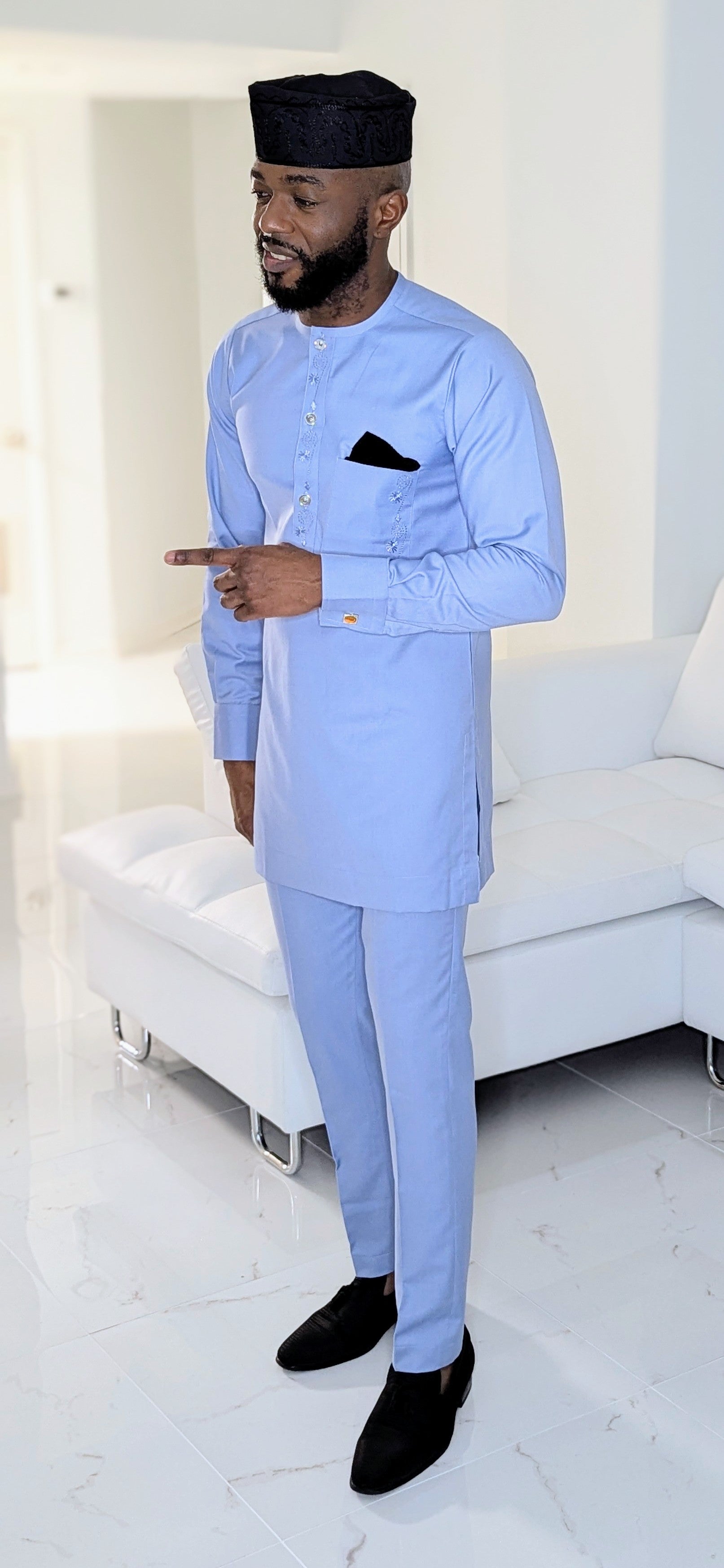 African Senator Dashiki Shirt & Pants Set - Blue Embroidered Long Sleeve Pullover with Matching Drawstring Waist Pants | Traditional Nigerian Attire for Men, Cultural Events, Weddings & Special Occasions