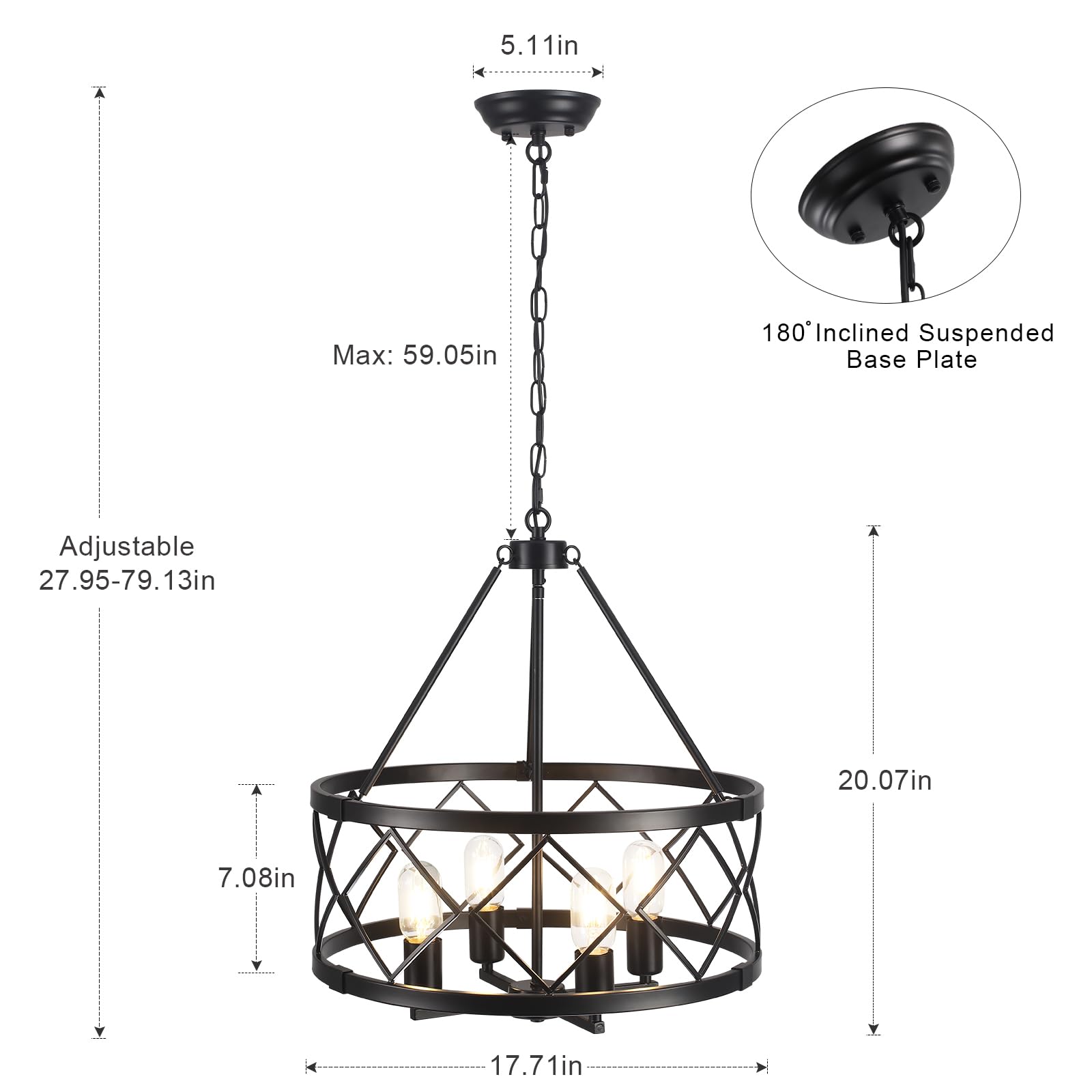 17.71'' Farmhouse Rustic Chandelier - 4-Light Adjustable Black Ceiling Mount Lighting Fixture for Dining Room, Kitchen Island, Entryway, Foyer, Bedroom, Hallway & Living Room | Perfect for Rustic, Industrial & Farmhouse Decor Styles