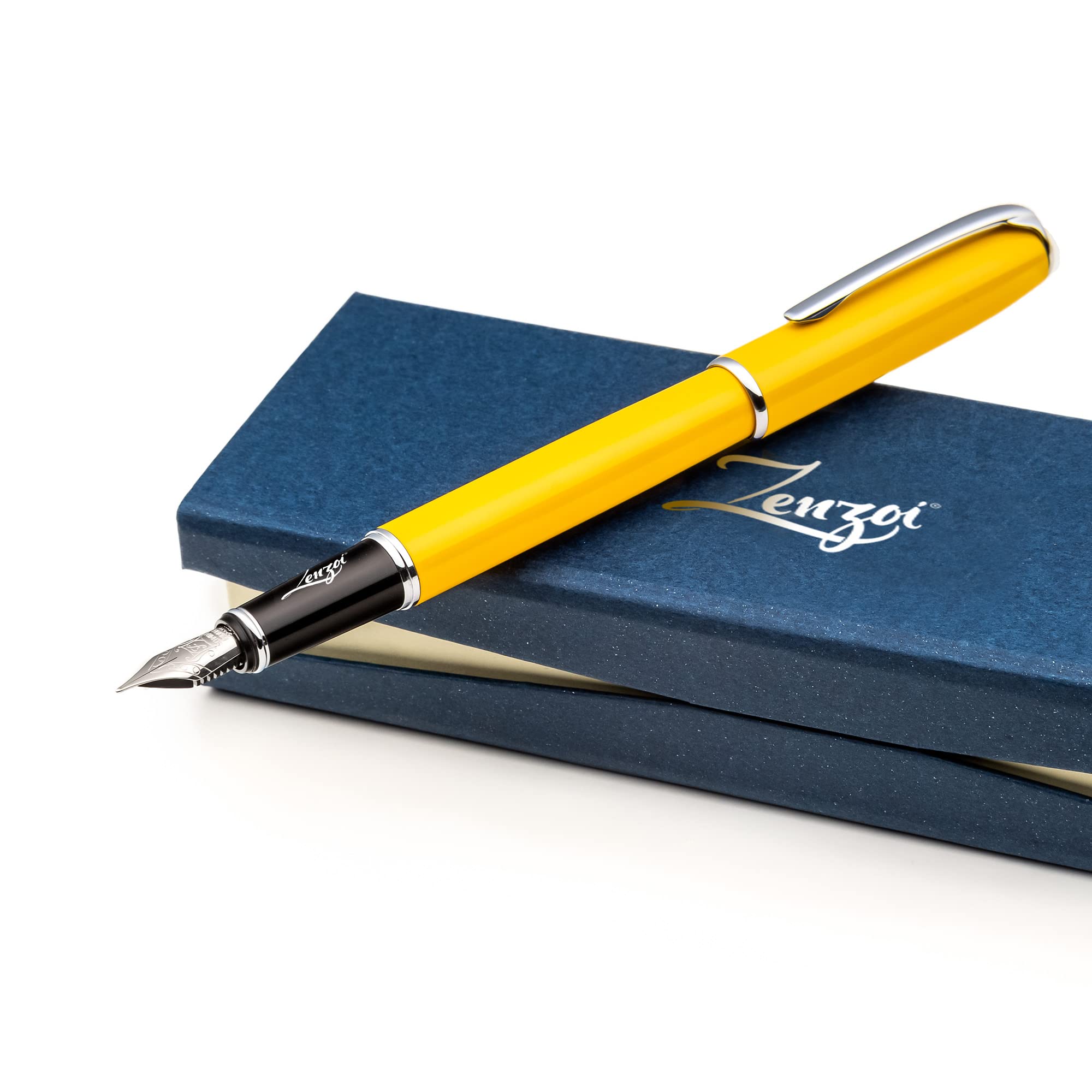 Premium ZenZoi Yellow Fountain Pen for Women & Men - Smooth Writing Schmidt Fine Nib Luxury Gift Set with Converter & 2 Ink Refills - Elegant Professional Journaling Pen for Office, School & Calligraphy
