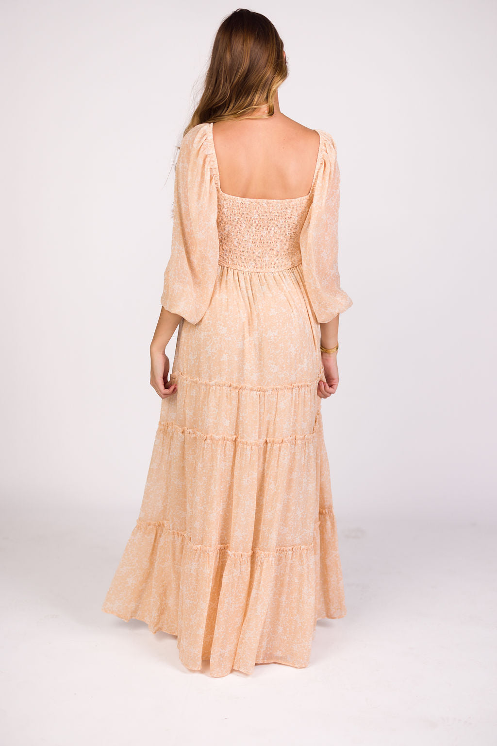 Daphne Long Sleeve Maxi Dress - Light Beige/White Floral Print | Bump Friendly Maternity & Inclusive Sizing (XS-3XL) | Perfect for Pregnancy, Weddings & Special Occasions