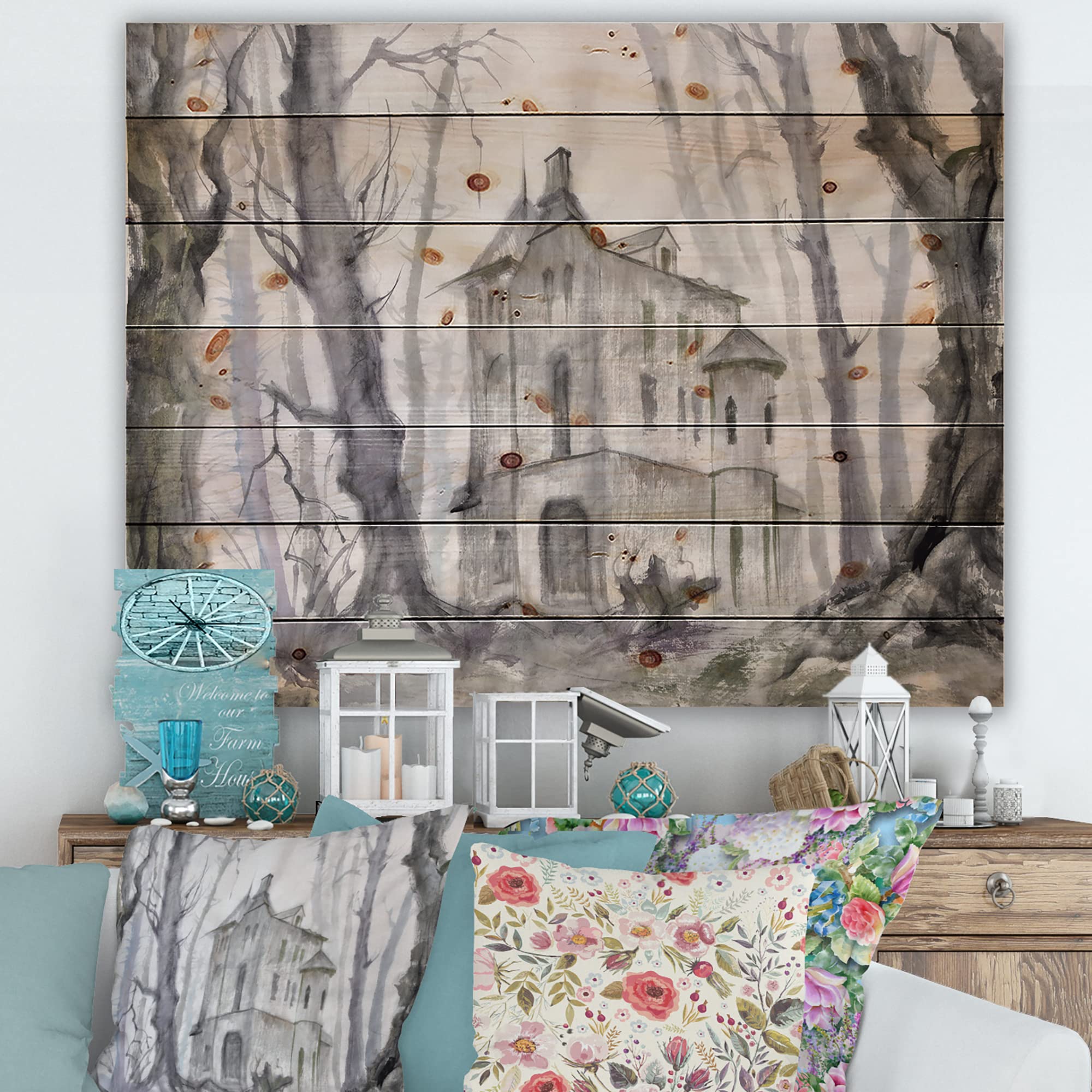 Haunted Castle in the Woods Wall Art - Large Grey Fantasy Wood Wall Decor Printed on Natural Pine - Perfect for Gothic Home Decor, Halloween Party Backdrop & Medieval Themed Room Design