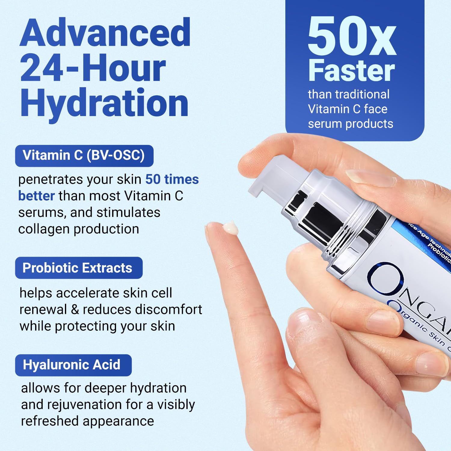Ongaro Beauty Anti Aging Face Serum - Hyaluronic Acid & Vitamin C for Wrinkles, Dark Spots & 7 Signs of Aging | Skin Moisturizer & Brightening Treatment | 1.7 Fl oz | Perfect for Daily Skincare Routine & Nighttime Rejuvenation
