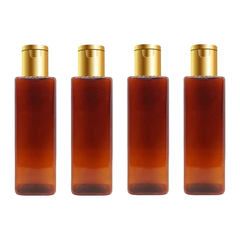 Premium 100ml Square Amber Glass Bottles (Pack of 4) with Golden Flip-Top Cap - Ideal for Essential Oils, DIY Skincare, Perfume Blends & Cosmetic Storage - Perfect for Home Use, Travel & Apothecary Organization