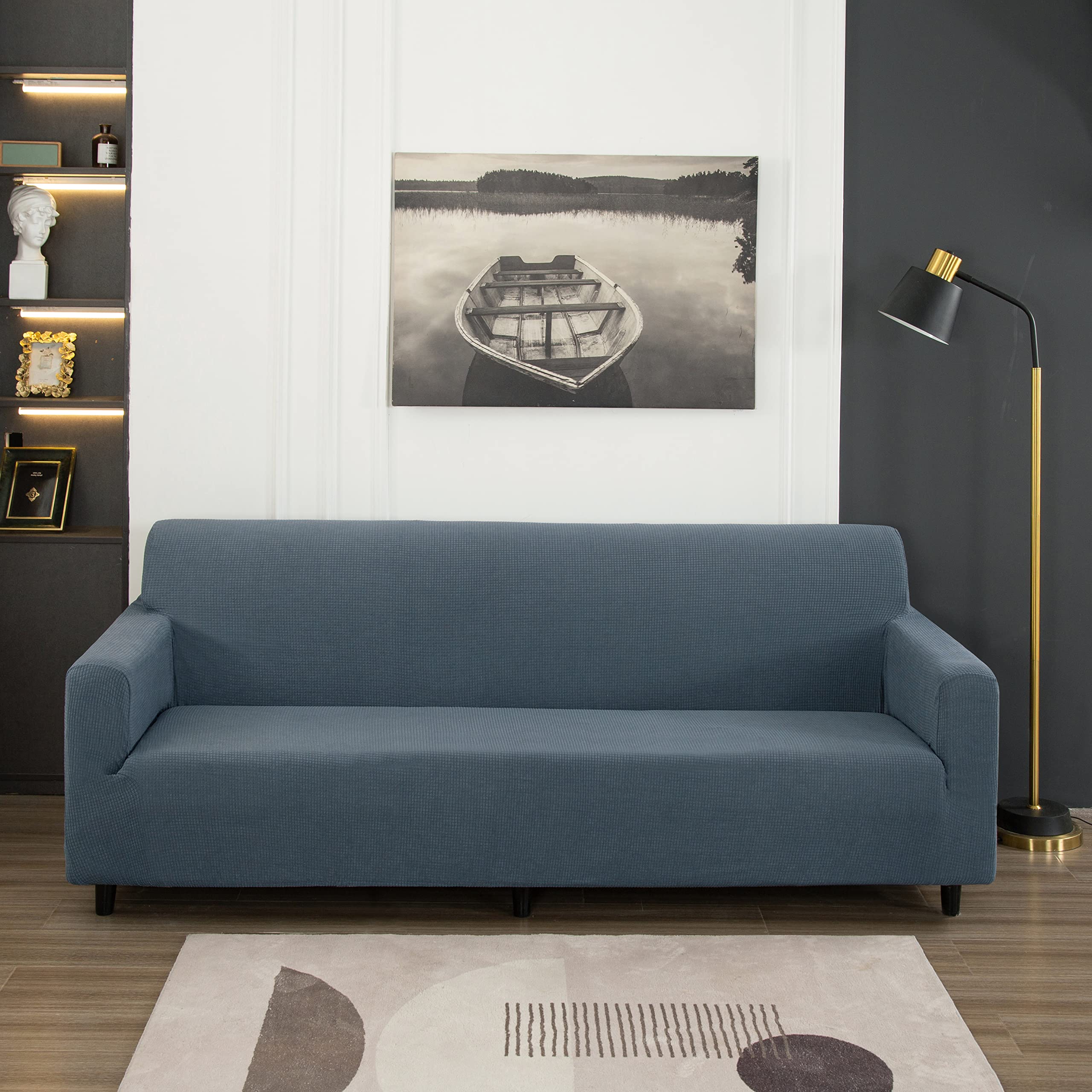 3-Piece Sofa Cover Set - Stretchable Jacquard Velvet Slipcovers for 1/2/3 Seater Couch, Loveseat & Armchair (Grey-Blue) | Home Decor Protection for Pets, Kids & Daily Use