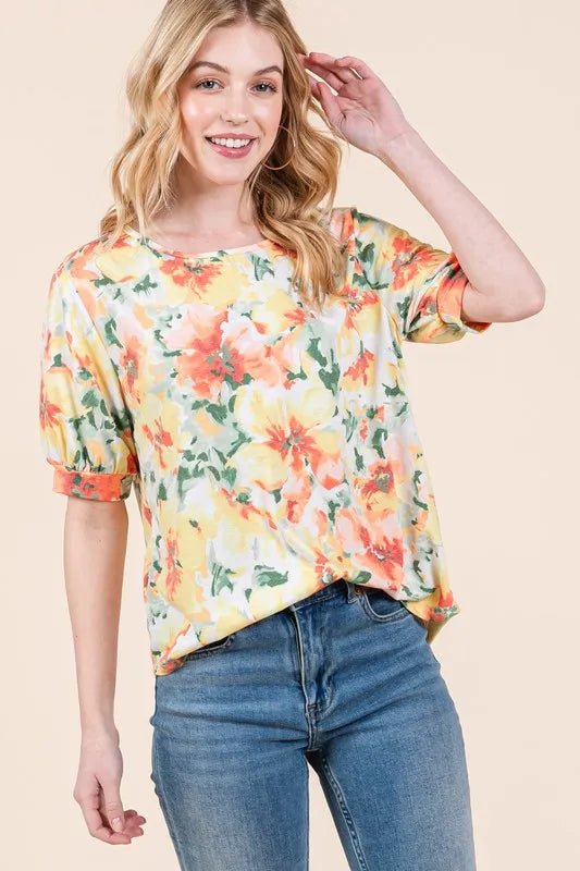 BOMBOM Women's Floral Print Round Neck Puff Sleeve Blouse - Elegant Summer Tops for Casual Outings & Date Nights