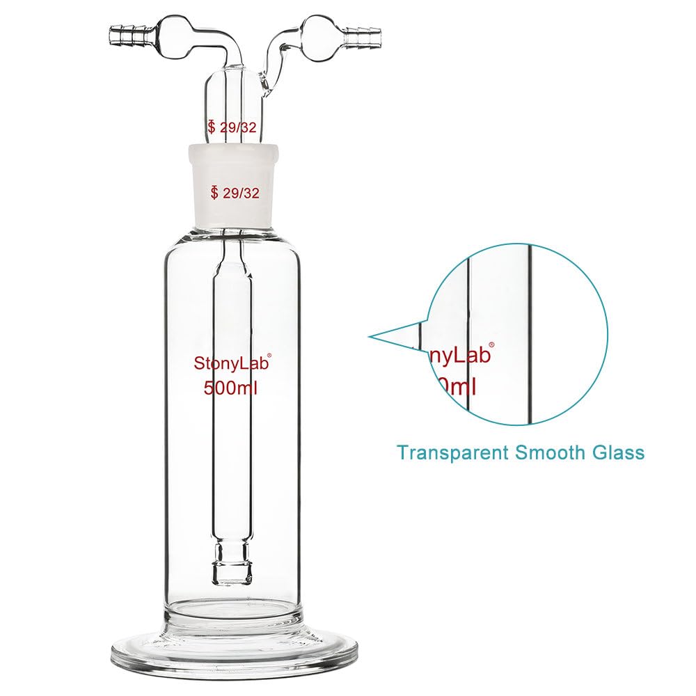 Stonylab Gas Washing Bottle - 500ml Borosilicate Glass with 29/32 Standard Joint & 8mm Serrated Hose - Ideal for Chemistry Labs, Gas Purification & Science Experiments