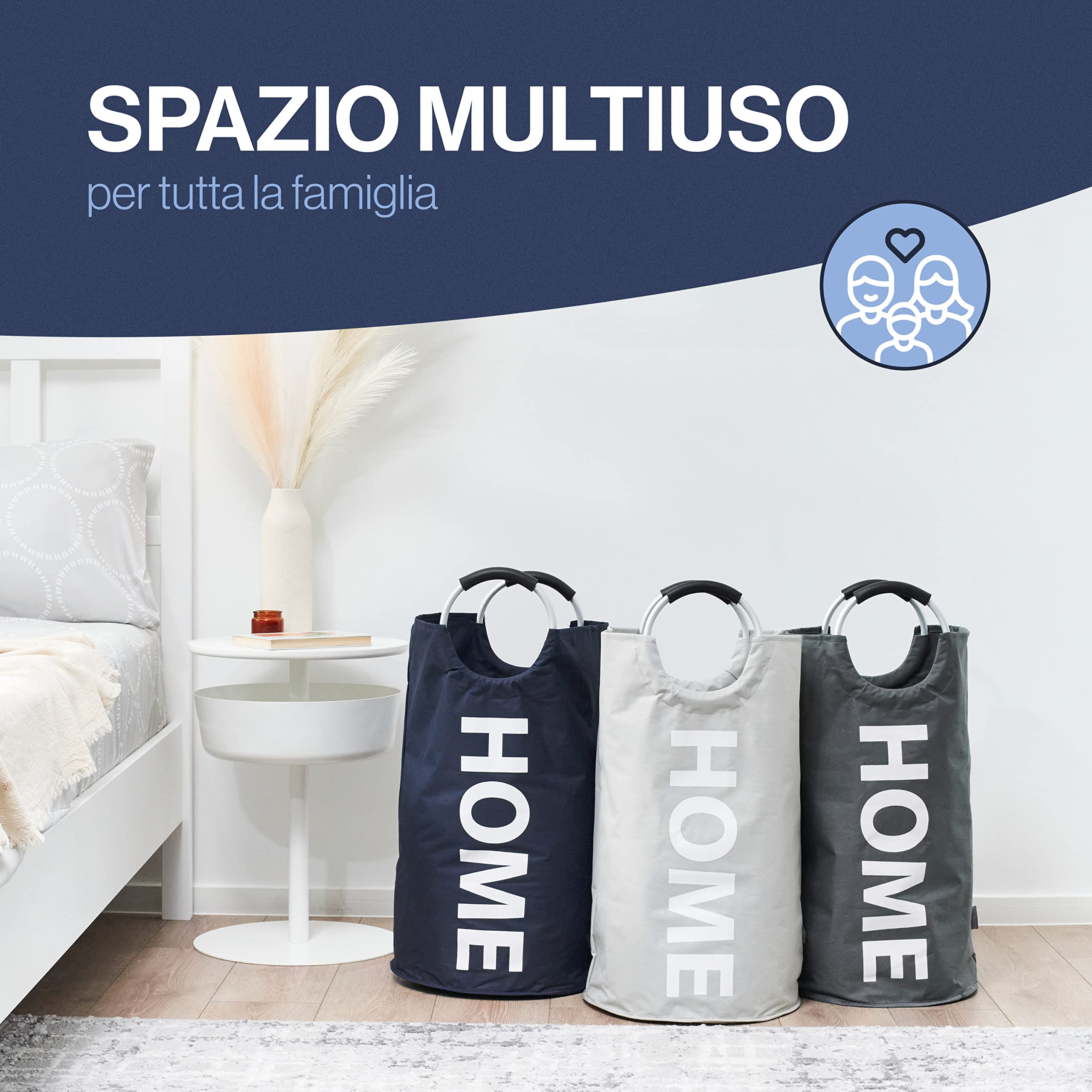 WELLENBORG Large Washable Laundry Basket - 82L Space-Saving Dirty Clothes Hamper for Bathroom, Bedroom & Laundry Room - Blue Fabric Storage Bin for Organization