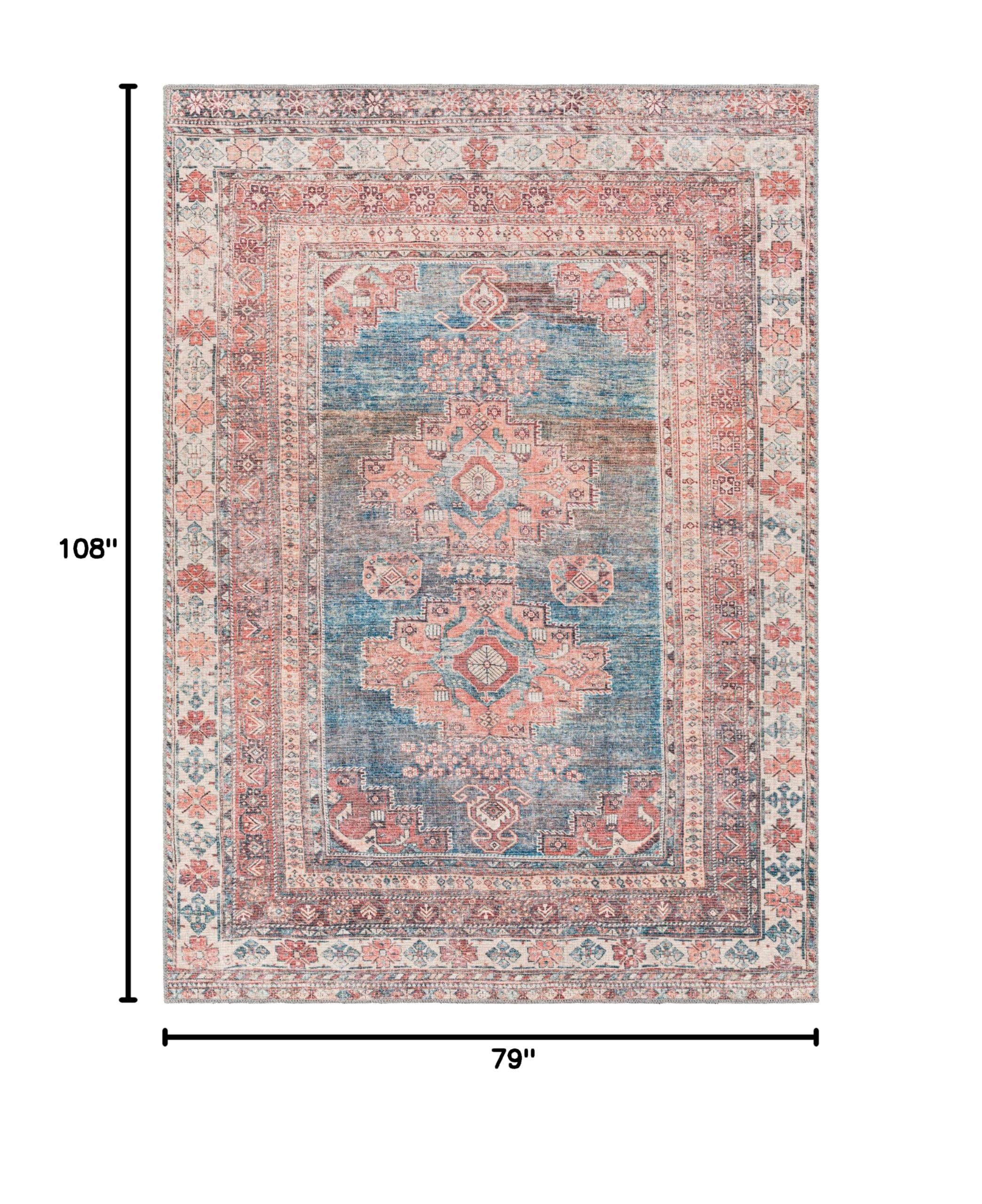 Mark&Day Washable Rugs 6x9 McCordsville Traditional Coral Area Rug - Machine Washable Pink Blue Carpet for Living Room, Bedroom, Kitchen (6'7