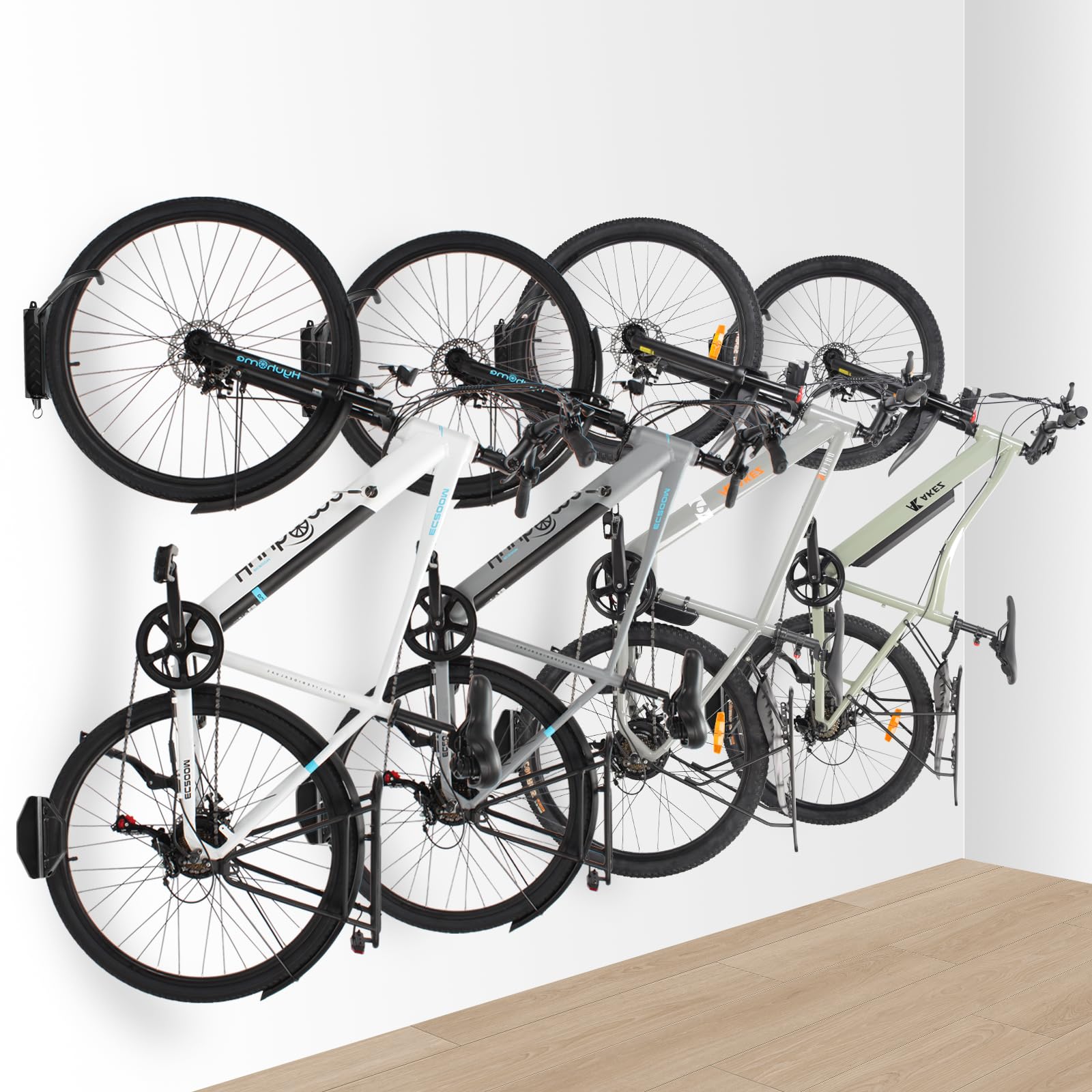 MILADO 4-Pack Heavy Duty Swivel Bike Wall Mount Rack - Space Saving Garage Bike Hooks & Hanger for Mountain, Road Bikes - Holds Up to 66lbs - Perfect for Home, Apartment & Small Space Organization