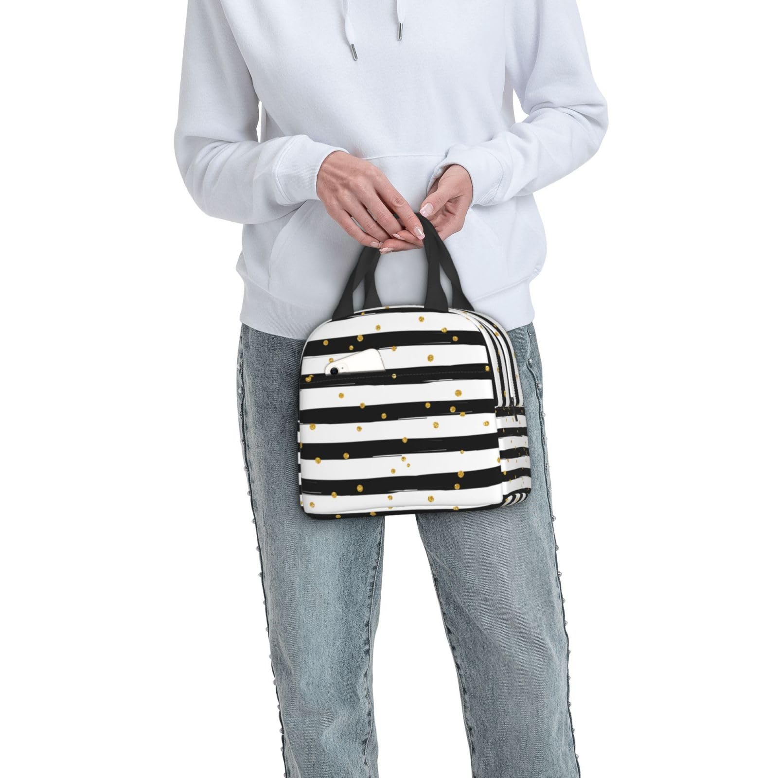Black and White Striped Insulated Lunch Bag with Golden Polka Dots - Reusable Compact Tote Lunch Box for Women & Men - Perfect for School, Office, Work, Picnics and Outdoor Activities