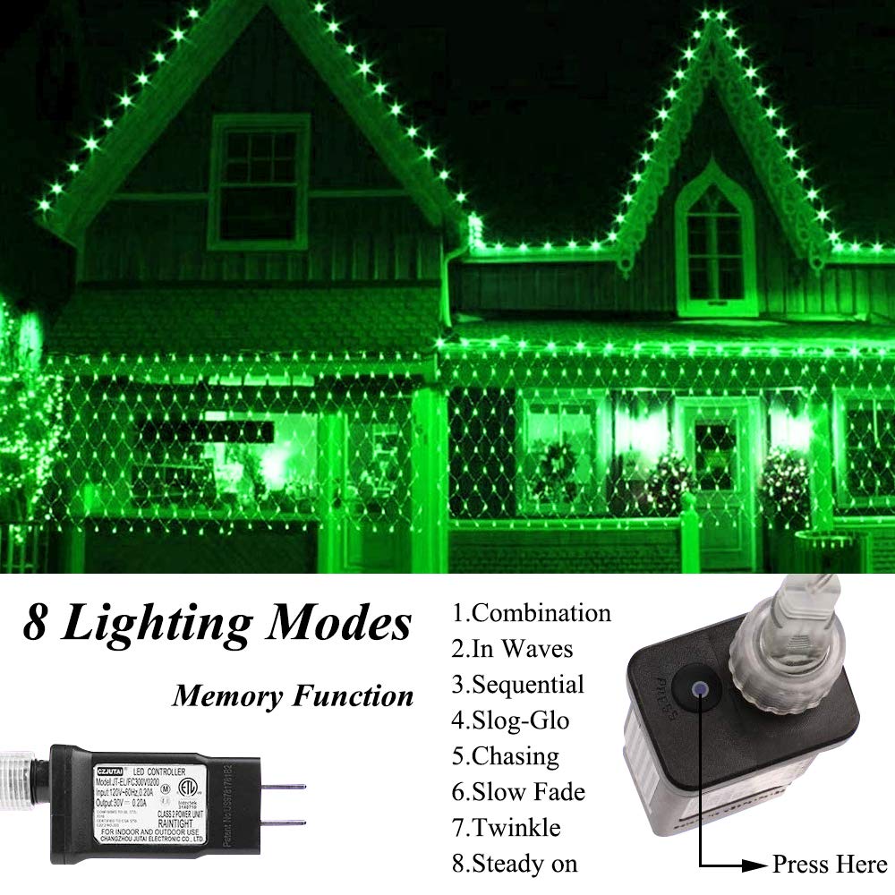 Green LED Net Lights for St. Patrick's Day, Christmas & Halloween Decorations - 9.8ft x 6.6ft Outdoor Mesh Fairy Lights for Trees, Gardens, Walkways & Bushes - Perfect for Party, Wedding & Holiday Lighting