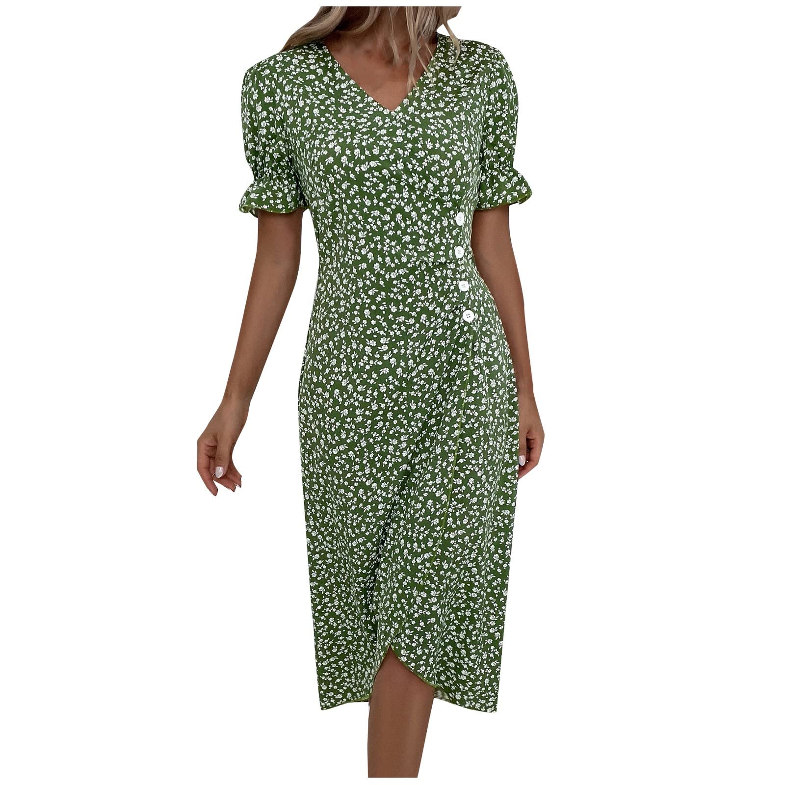 2024 Women's Floral Print V-Neck Bubble Sleeve Summer Dress with Asymmetrical Hem | Casual Beach Wear, Vacation Outfit & Party Dress