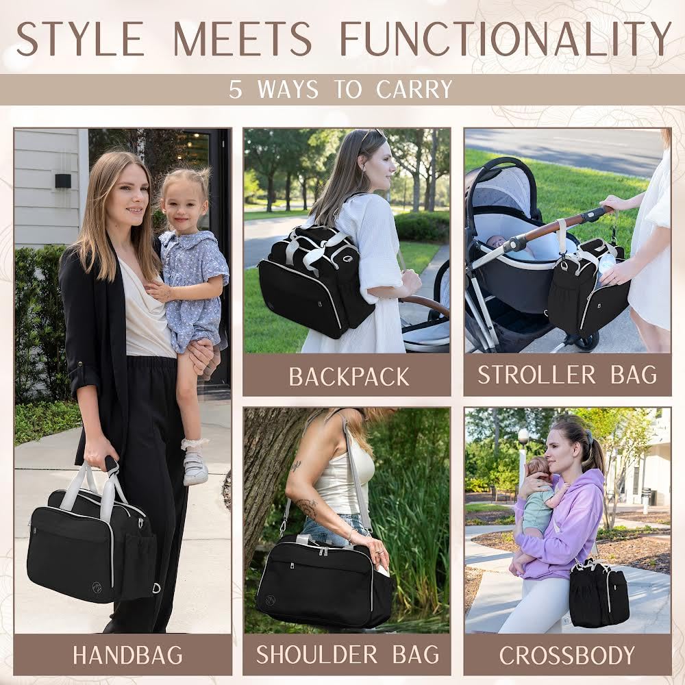 4 in 1 Convertible Baby Diaper Bag for Boys & Girls - Multifunctional Diaper Backpack, Tote, Stroller & Crossbody Bag - Black Travel Organizer for Moms | Perfect for Daycare, Travel & On-the-Go Parents