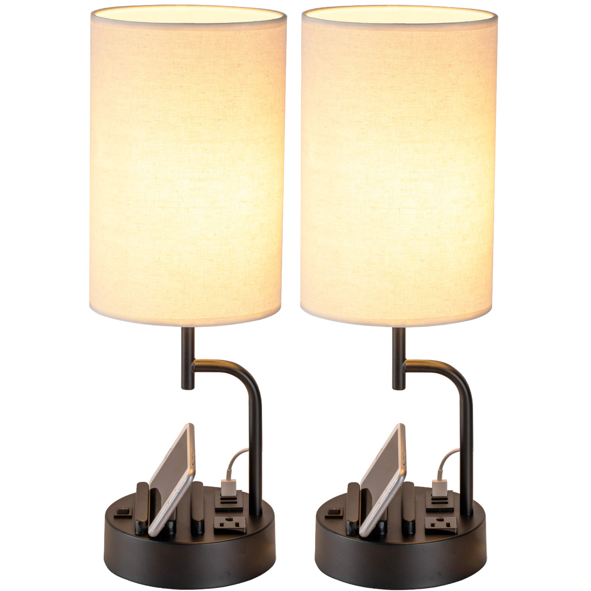 Dreamholder Table Lamp with 3 USB Ports & AC Outlet - USB Charging Desk Lamp with 2 Phone Slots, Black Base & Cream Linen Shade - Perfect for Bedroom, Living Room, Office, Nightstand - Pack of 2