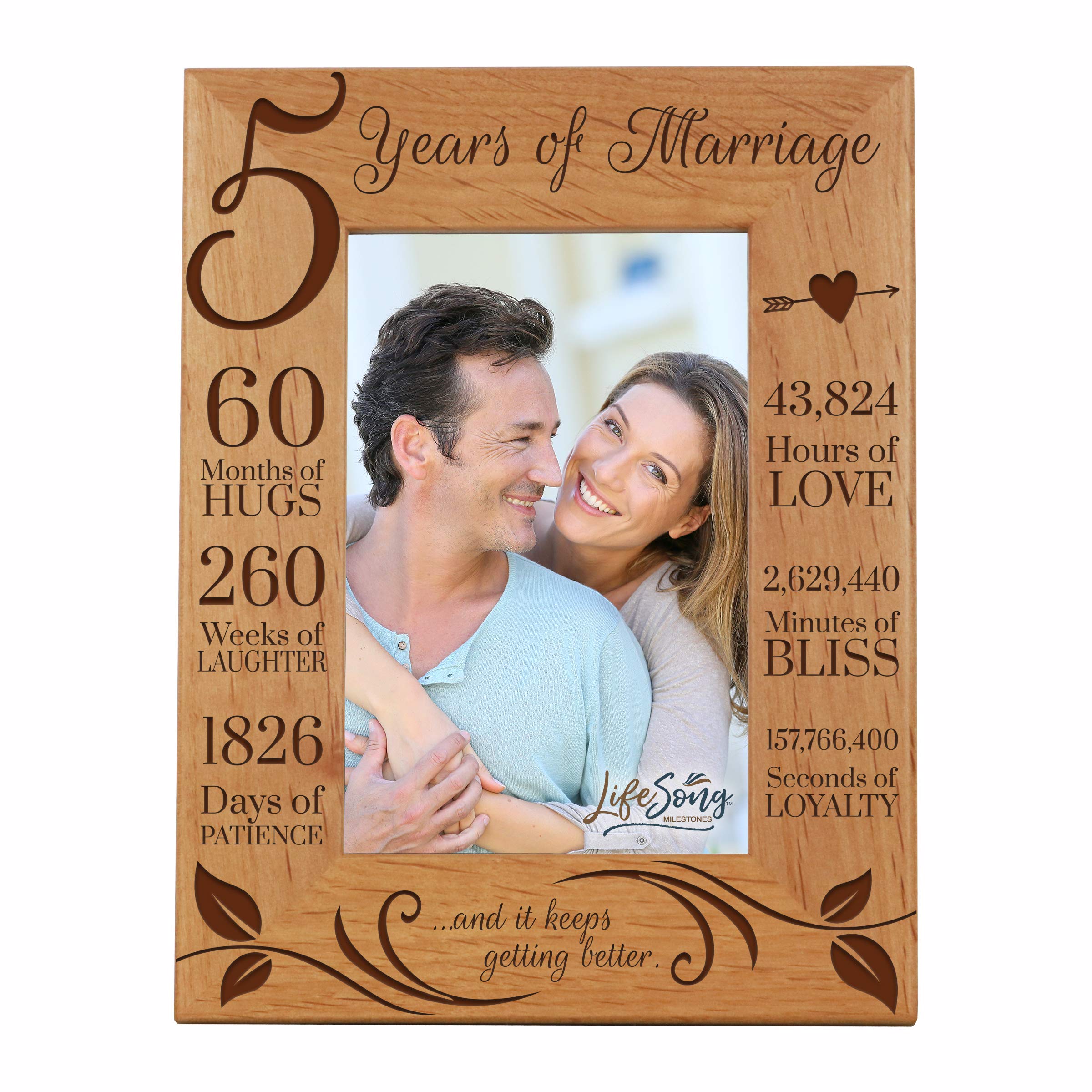 LifeSong Milestones 5 Year Anniversary Picture Frame - Elegant Wooden Keepsake for Wedding Anniversaries - Perfect Gift for Wife, Husband or Couple - Ideal for Home Decor, Office Display & Romantic Gift Giving