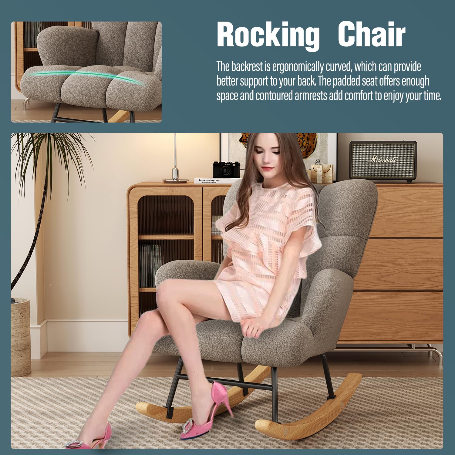 **Comfy Glider Rocking Chair for Nursery - High Backrest Teddy Soft Upholstered Armchair for Reading, Relaxing in Bedroom, Living Room & Home Office (Khaki) - Perfect for Nursing, Lounging & Baby Nursery Decor**