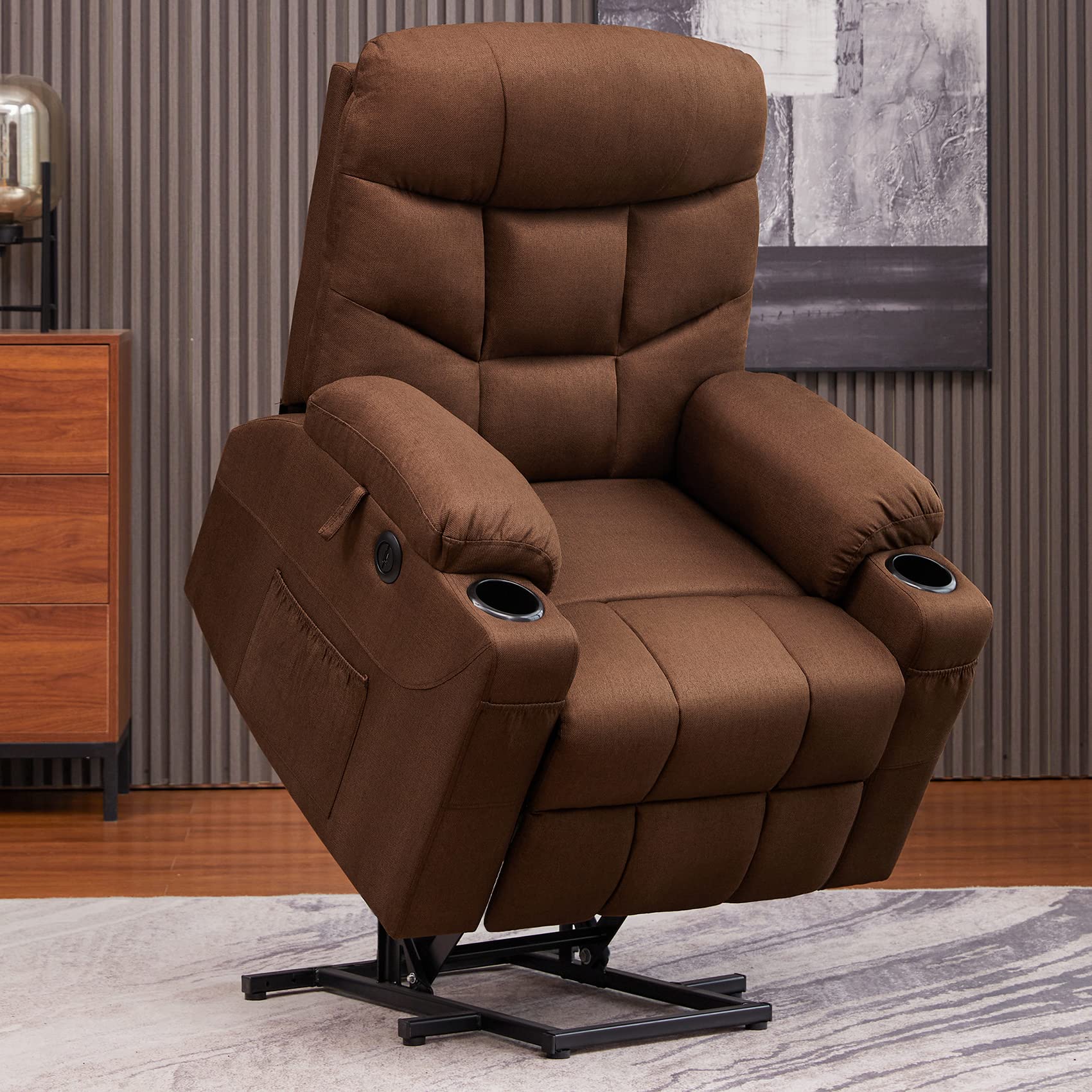 Electric Power Lift Recliner Chair with Massage & Heat - Remote Control, USB Ports, Cup Holders & Side Pockets - Comfortable Fabric Living Room Reclining Sofa for Elderly (Brown) - Perfect for Relaxation, Pain Relief & Home Theater Seating