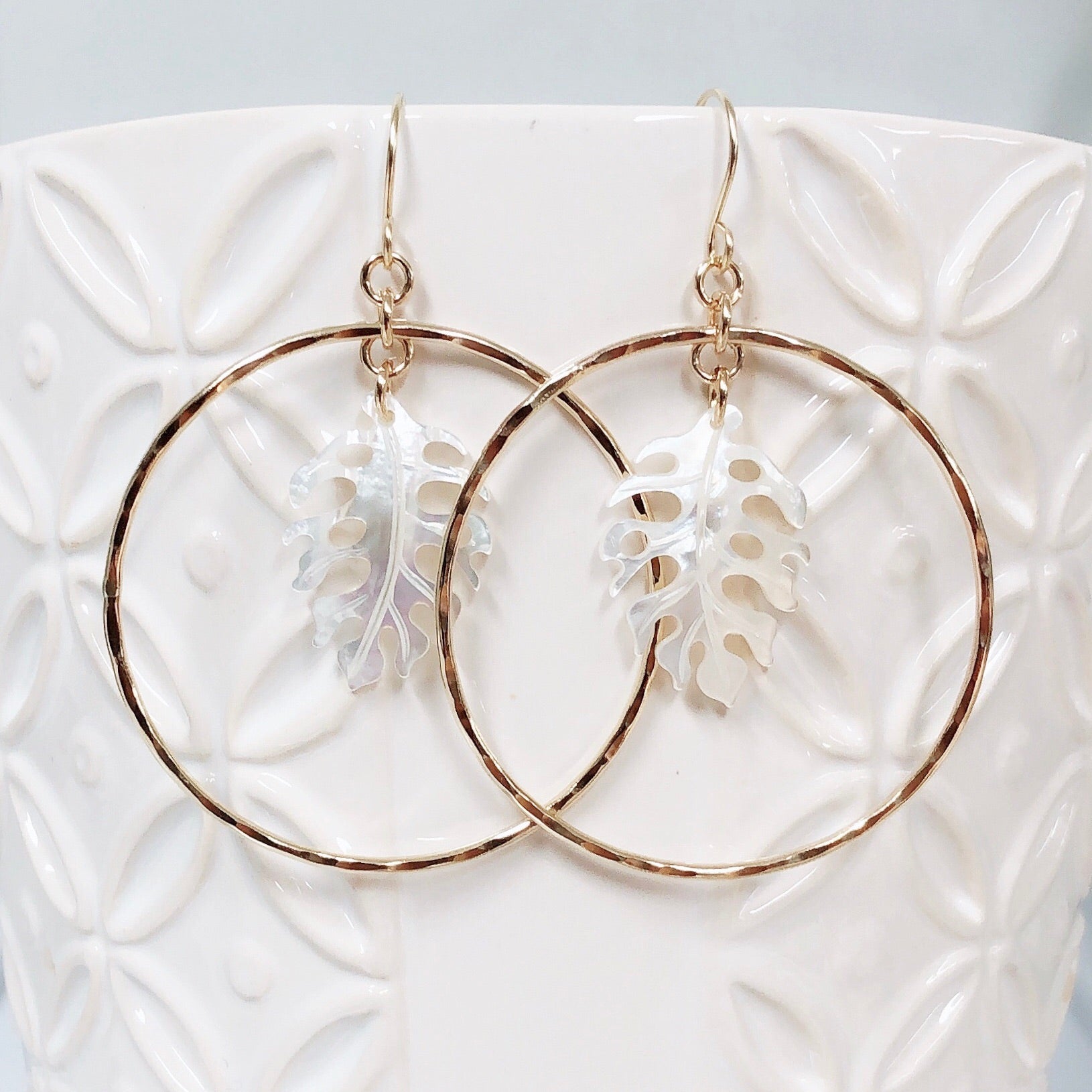 KAORI Mother of Pearl Monstera Earrings (E451) - Elegant Pearl Leaf Design for Women, Perfect for Parties, Weddings & Everyday Wear