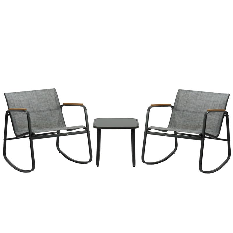 Kozyard 3-Piece Outdoor Rocking Chair Set with Wooden Armrests & Glass Table - Patio Bistro Furniture for Lawn, Porch, Garden, Balcony & Poolside - Perfect for Relaxing, Entertaining & Enjoying Outdoor Living