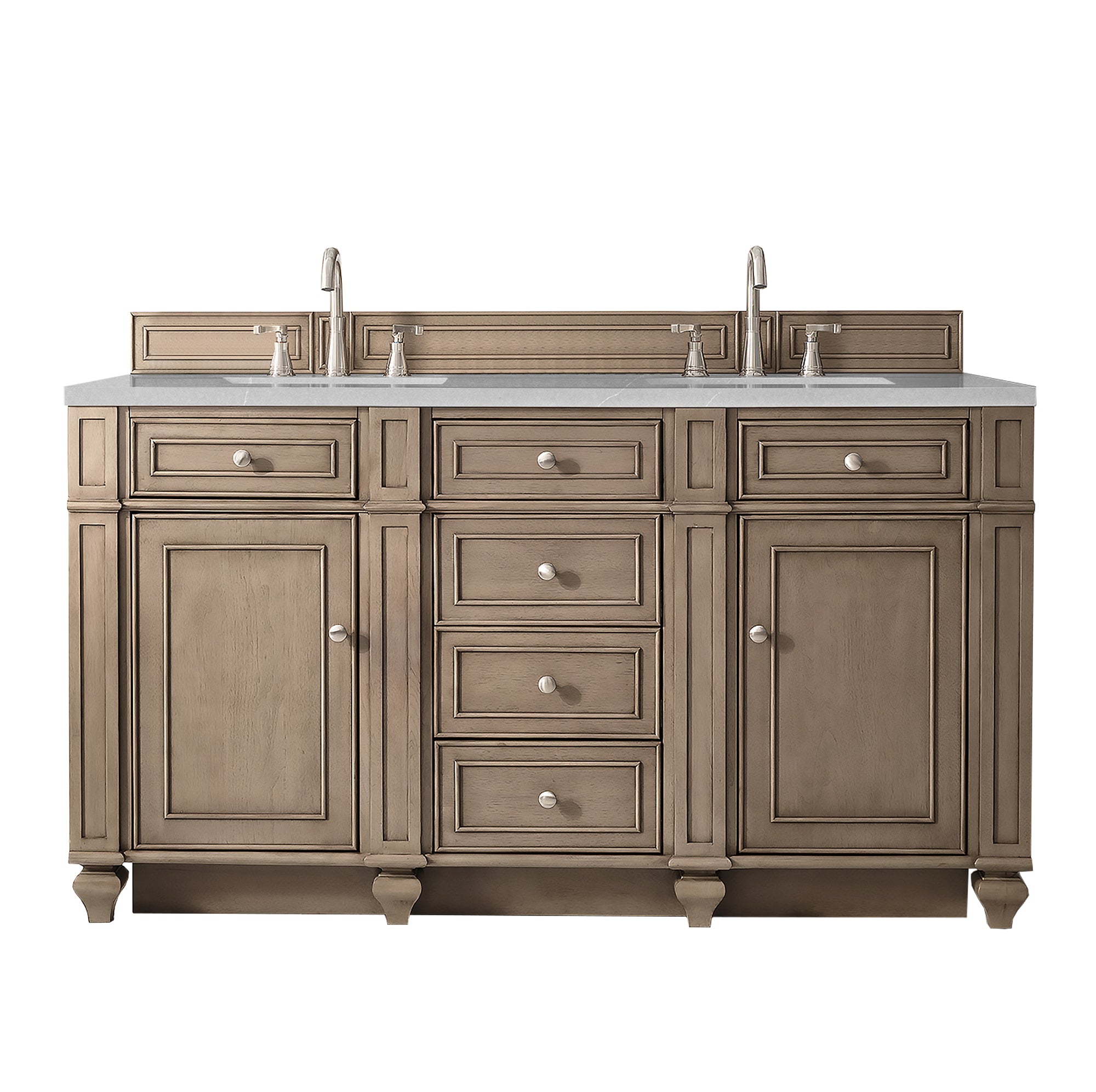 Bristol 60 Inch Double Vanity with Whitewashed Walnut Finish and 3CM Eternal Serena Quartz Top - Perfect for Modern Bathroom Renovation & Master Suite Upgrade
