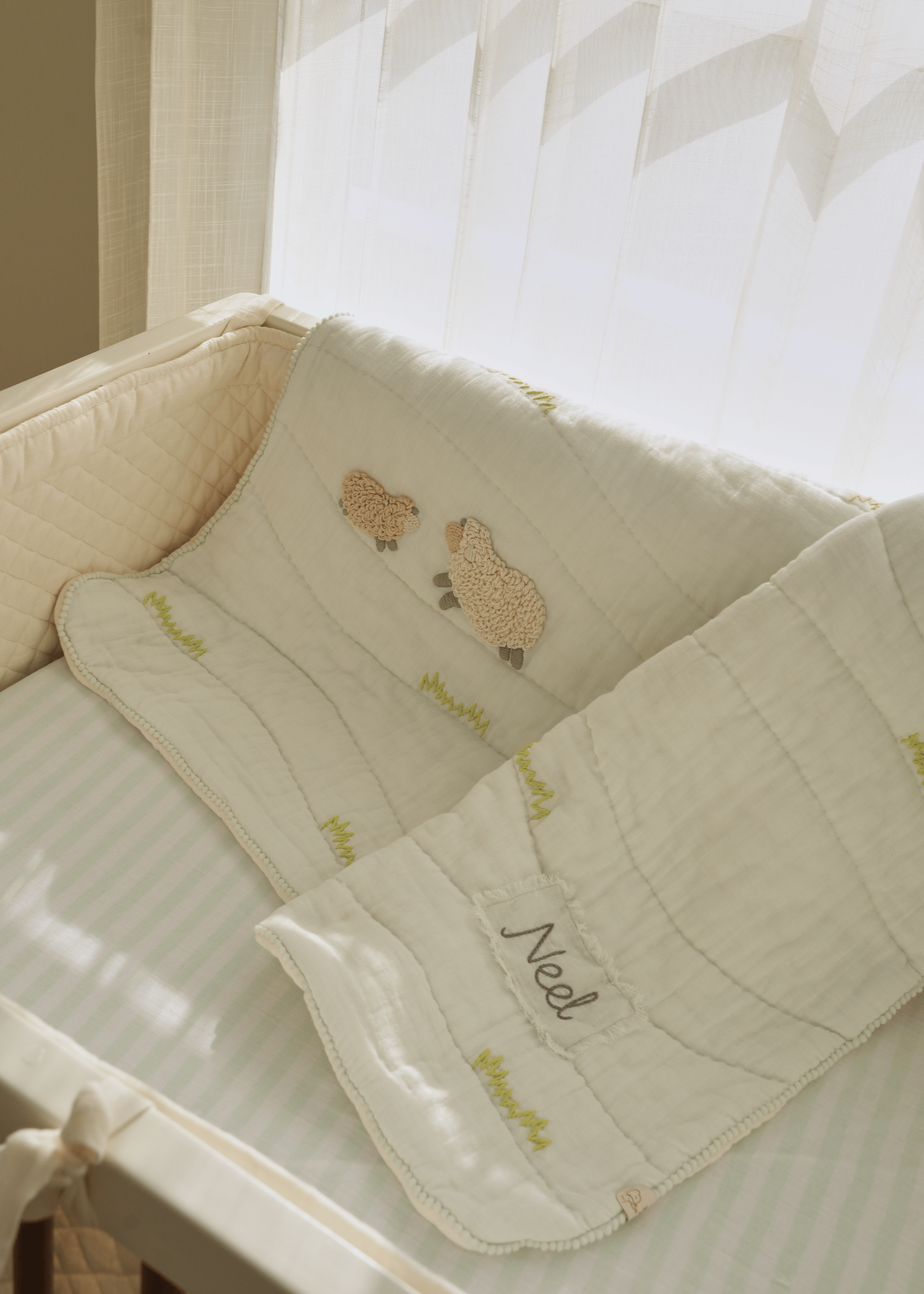 Counting Sheep Nursery Bedding Set - Soft Baby Crib Bumper, Fitted Sheet & Skirt - Organic Cotton Crib Set for Newborns & Toddlers - Perfect for Nursery Decor & Safe Sleep