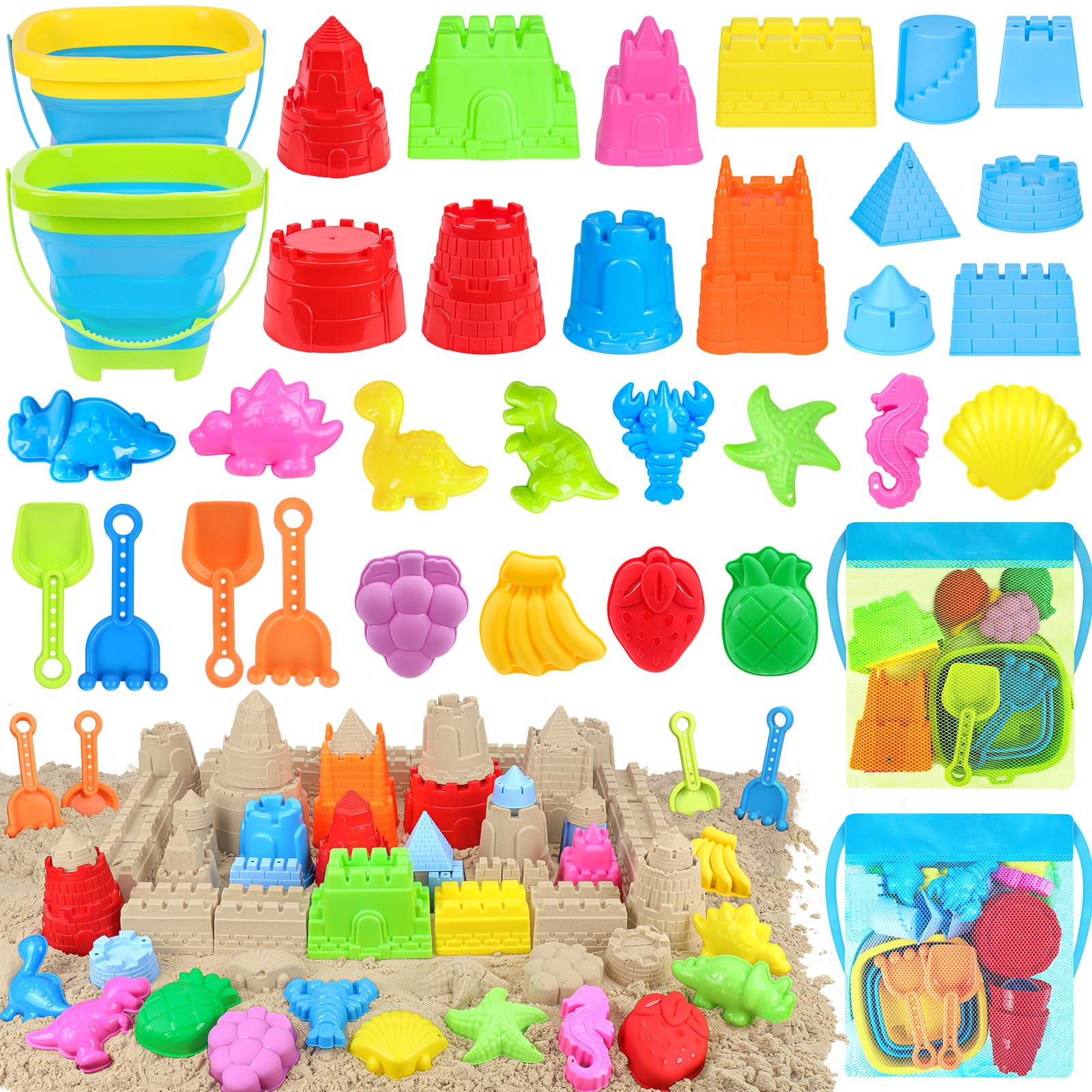 Collapsible Beach Toys Set for Kids & Toddlers - 12-Piece Sand Castle Building Kit with Mesh Storage Bag, Bucket, Shovel & Molds - Perfect for Beach, Sandbox & Outdoor Play - Best Gift for Boys Girls Ages 3-12