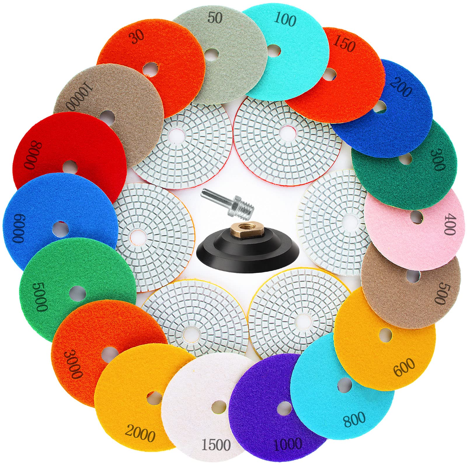 20 Pack 4 Inch Diamond Polishing Pads with 5/8’’-11 Backer Pad - 18PCS Wet/Dry Polish Pad Kit for Drill Grinder Polisher - 30-10000 Grit Polishing Discs for Granite, Marble, Concrete, Stone & Quartz - Perfect for Countertop Restoration, Tile Polishing & DIY Home Improvement Projects