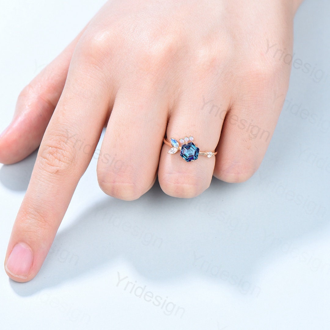 Vintage Hexagon Alexandrite Cluster Opal Moonstone Wedding Ring for Women - Art Deco Fish Silver Gold Moissanite Bridal Ring - Perfect for Engagement, Anniversary & Special Occasion Gifts