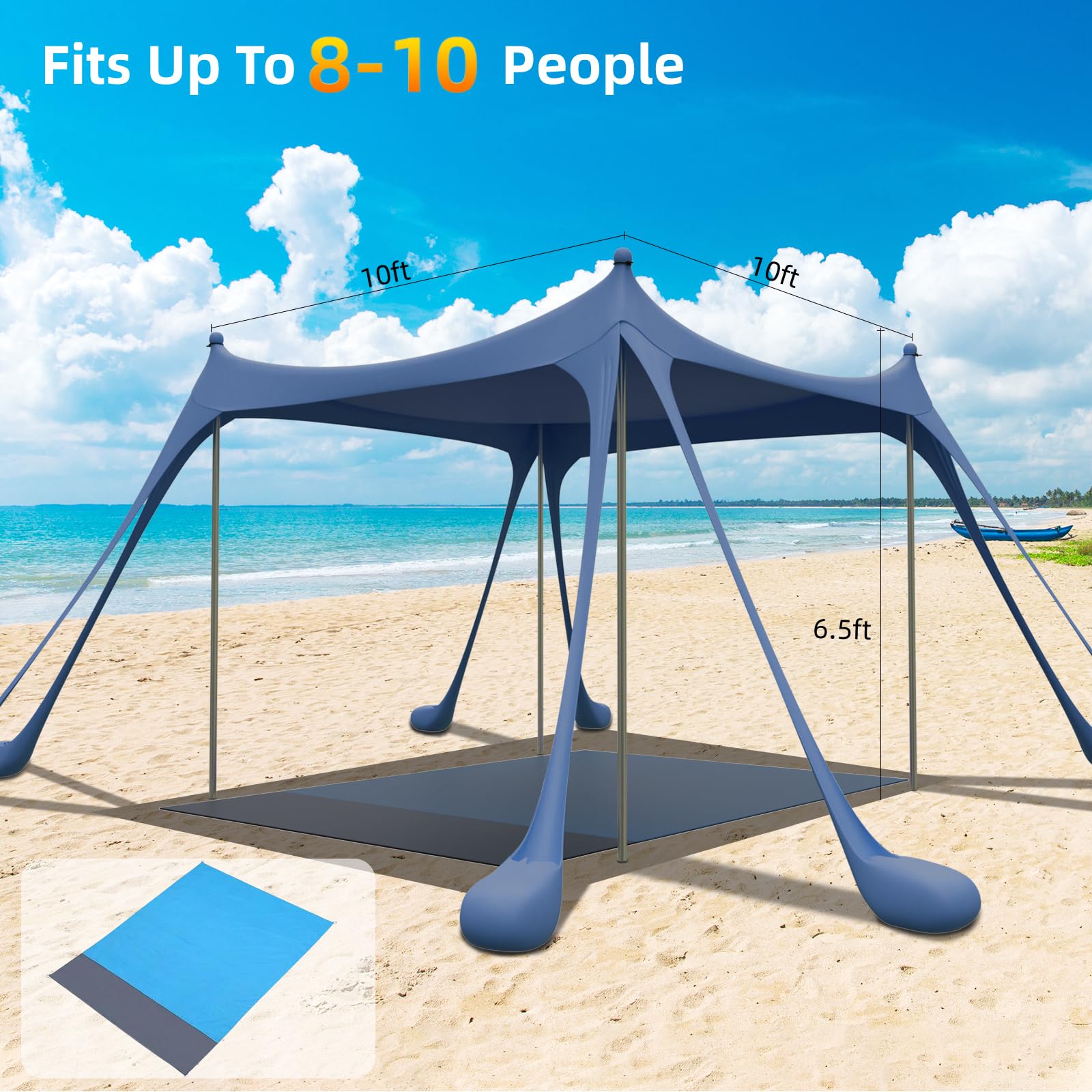 UPF50+ Beach Tent & Sun Shelter with Beach Mat, 2 Sand Shovels, 8 Sandbags, Ground Pegs & Stability Poles - Portable Outdoor Canopy for Camping, Fishing, Picnics, Beach Days & Family Outings (Navy Blue)