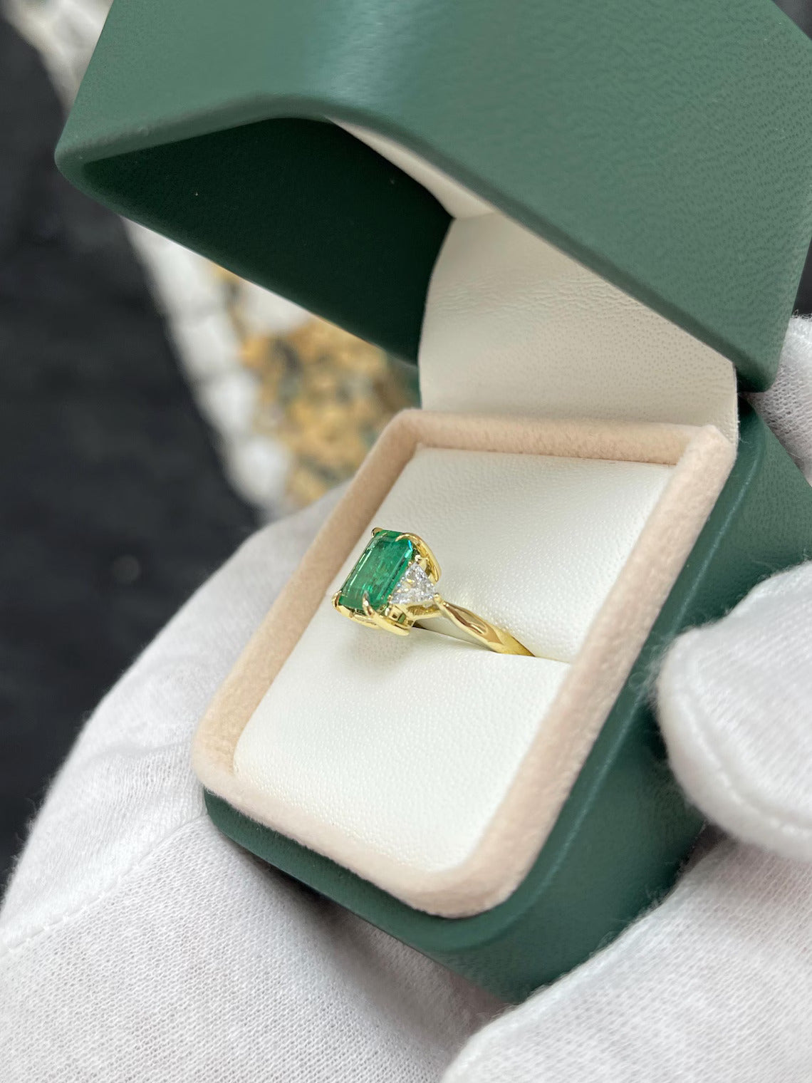 2.37 Carat Emerald Cut Emerald & Trillion Diamond Side Stones Engagement Ring - Perfect for Proposals, Weddings, and Anniversary Gifts