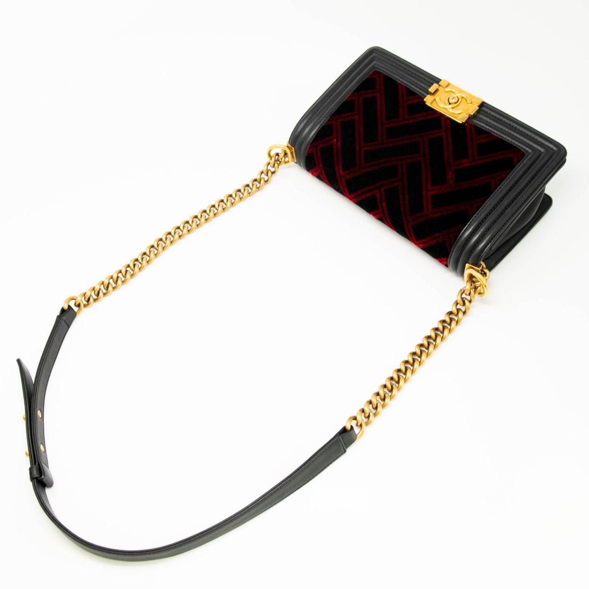 Chanel Medium Boy Bag in Red & Black Velvet - Luxury Designer Handbag for Women, Perfect for Parties, Dates & Special Occasions