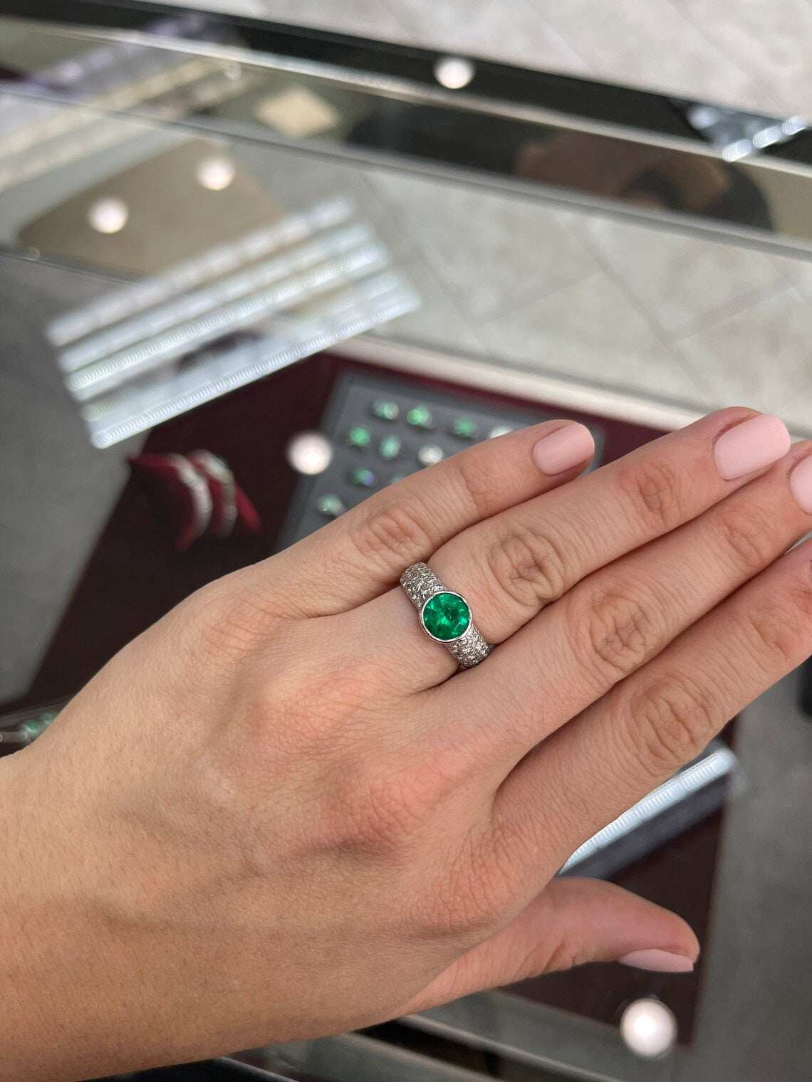 1.82tcw Round Bezel Set Vivid Green Emerald Triple Row Pave Shank 18K White Gold Ring for Women | Elegant Wedding Band, Anniversary Gift & Luxury Jewelry