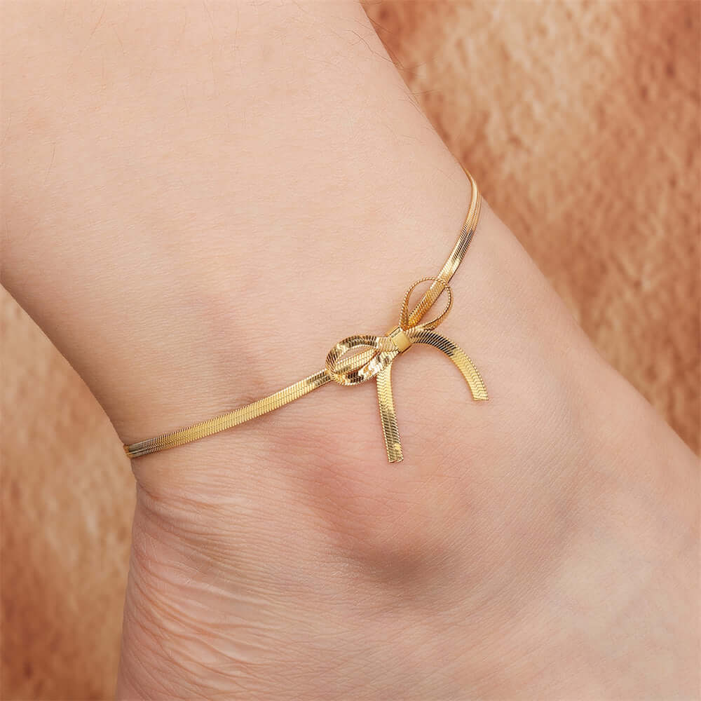 Elegant Gold Bow Herringbone Anklet Chain for Women - APJ536 | Perfect for Beach Vacations, Summer Outfits & Boho Style Accessories