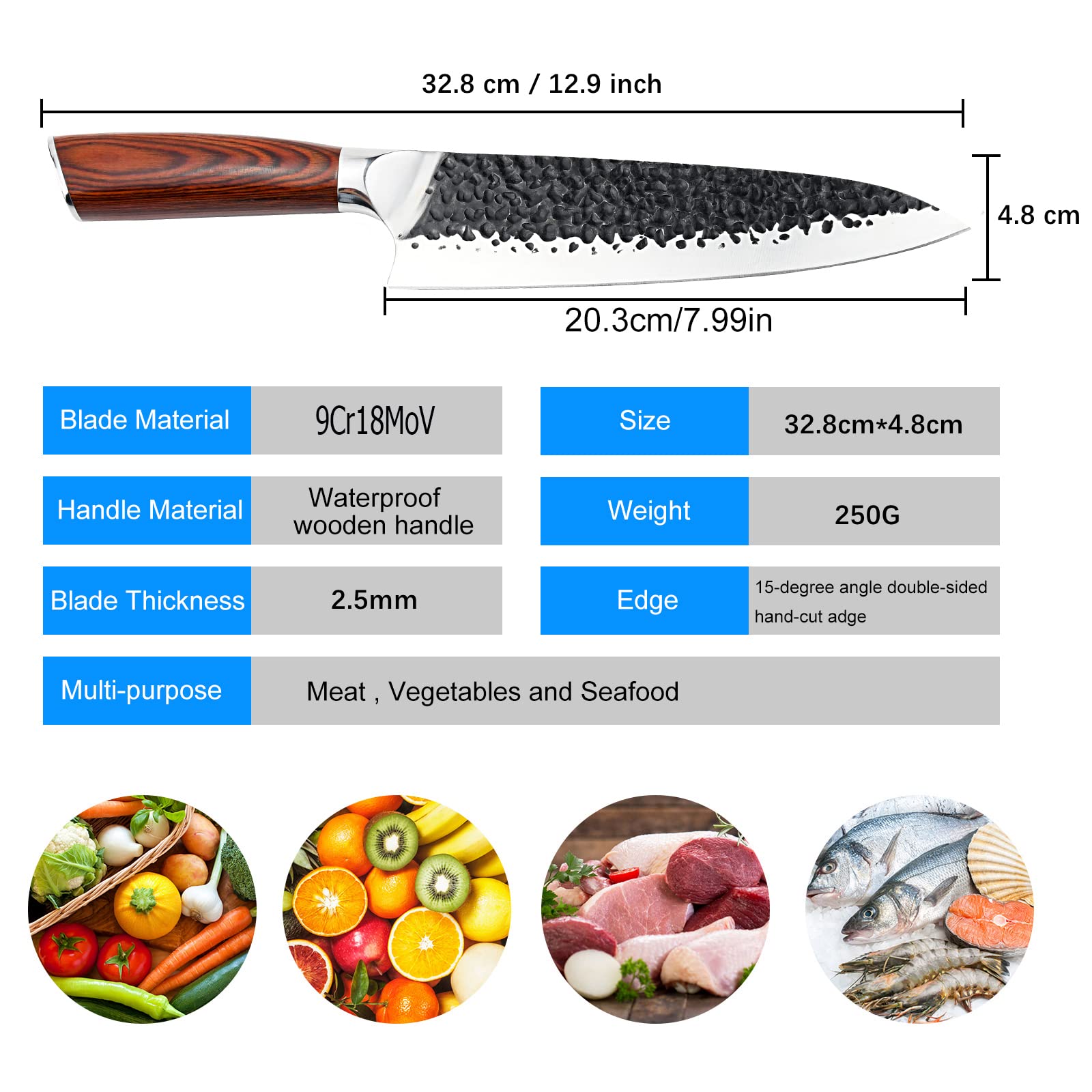 8 Inch Japanese Chef Knife - Ultra Sharp High Carbon Steel Kitchen Knife for Meat, Vegetables, Fruits & Seafood - Professional Cooking Knife with Ergonomic Handle for Home & Restaurant Use - Perfect for Slicing, Dicing and Food Prep