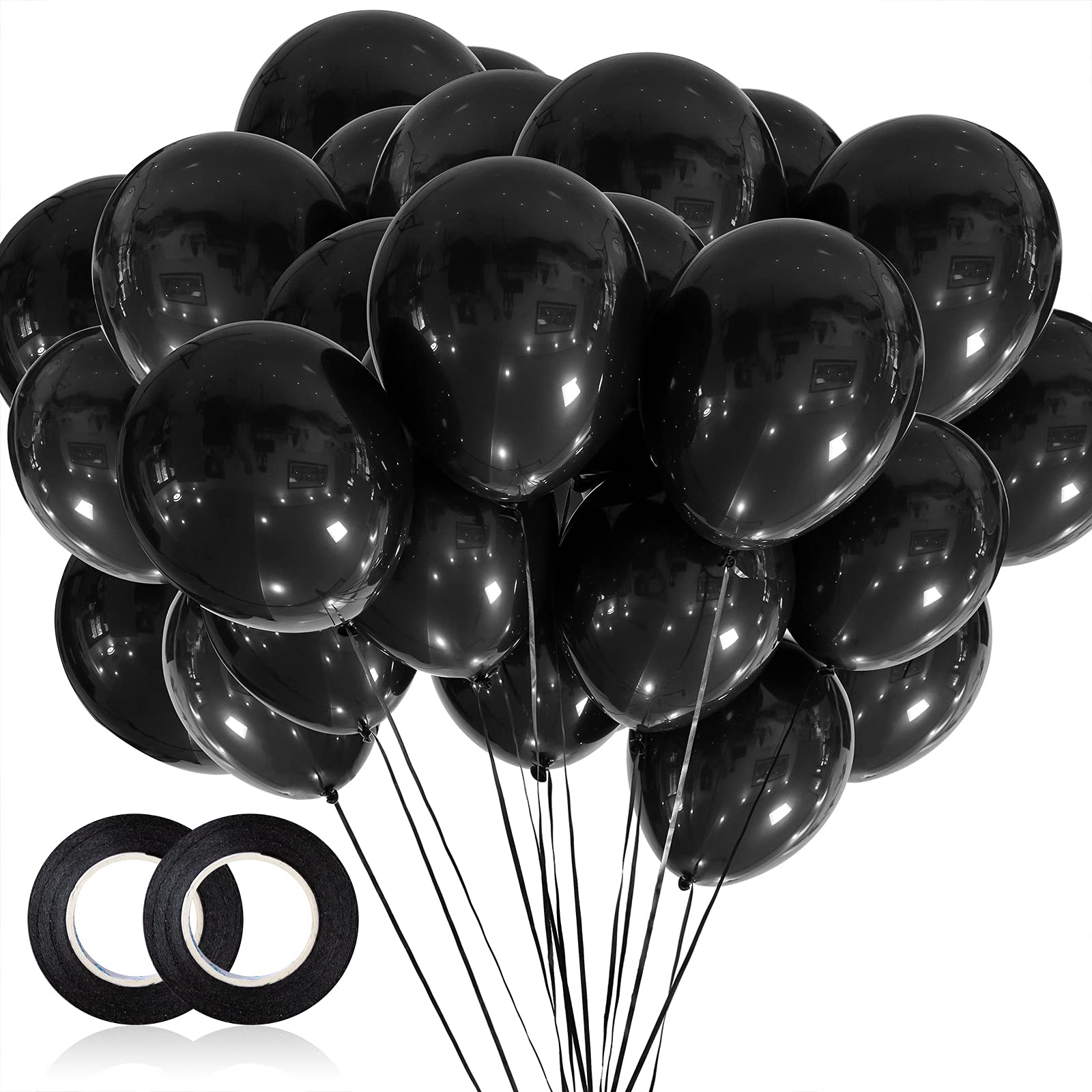 100pcs 12 Inch Black Latex Balloons - Premium Helium Quality for Party Decorations - Birthday, Baby Shower, Wedding, Halloween & Christmas - Includes Black Ribbons - Perfect for Indoor/Outdoor Events, Balloon Arches & Photo Backdrops