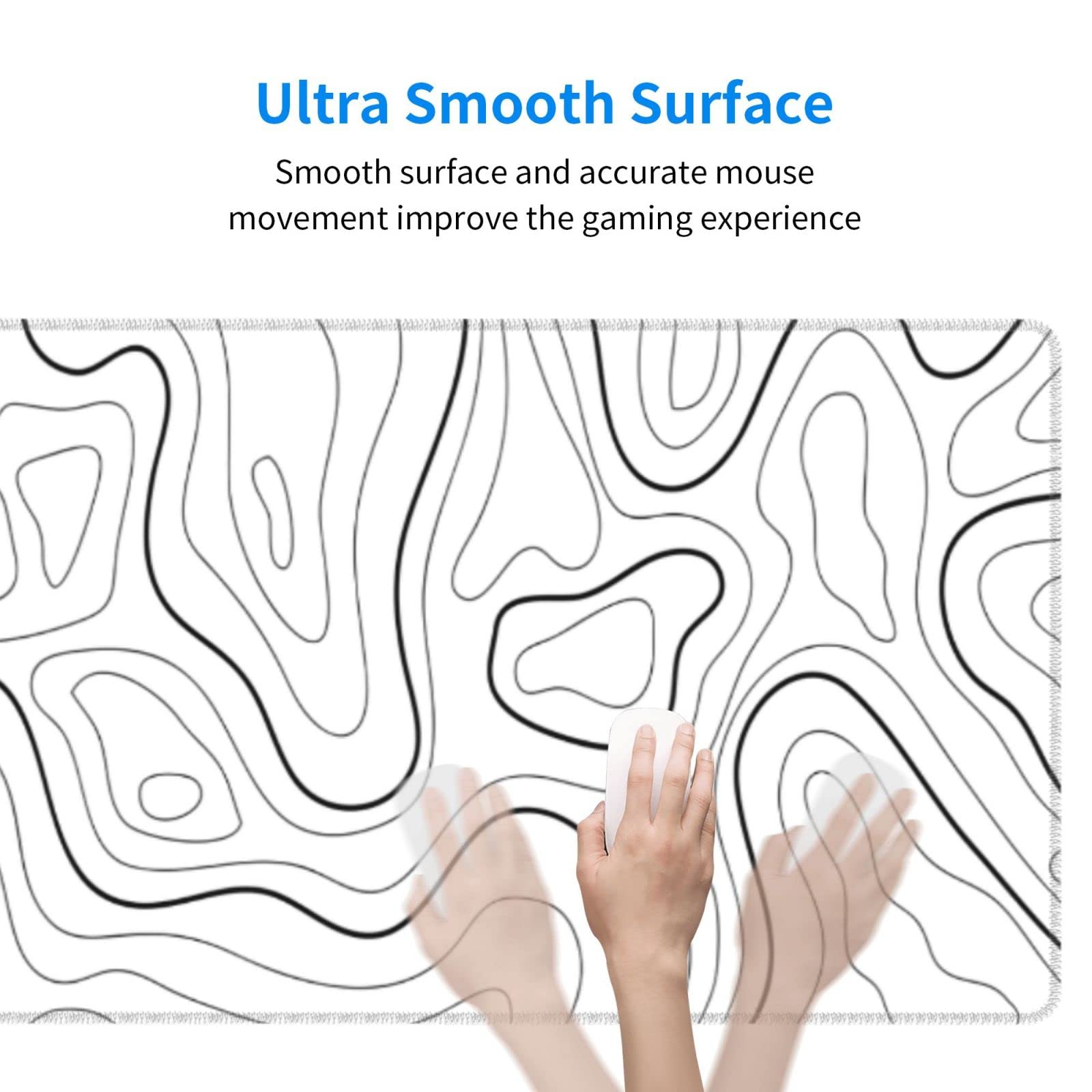 Extended XL Gaming Mouse Pad - Large Topographic Desk Mat for PC & Laptop - Waterproof Non-Slip Surface - White & Black Design - Perfect for Office Work, Gaming & Home Decor