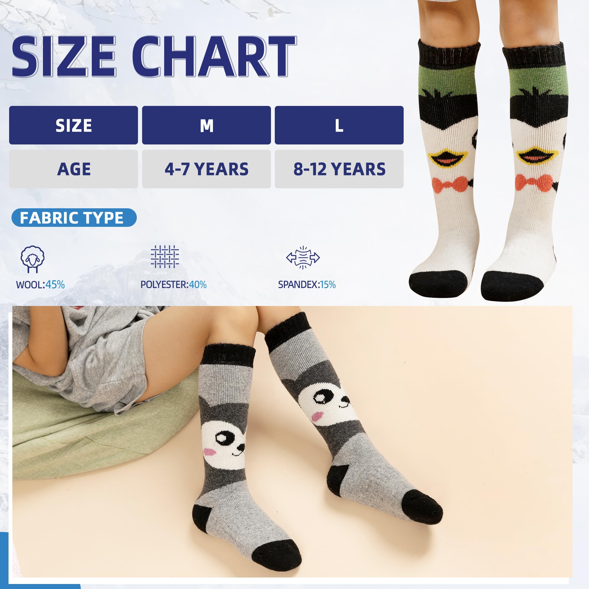 Kids Merino Wool Ski Socks - Winter Warm Thermal Hiking & Snowboarding Knee High Socks for Toddler Boys & Girls (2 Pairs) - Perfect for Cold Weather Outdoor Activities & Winter Sports
