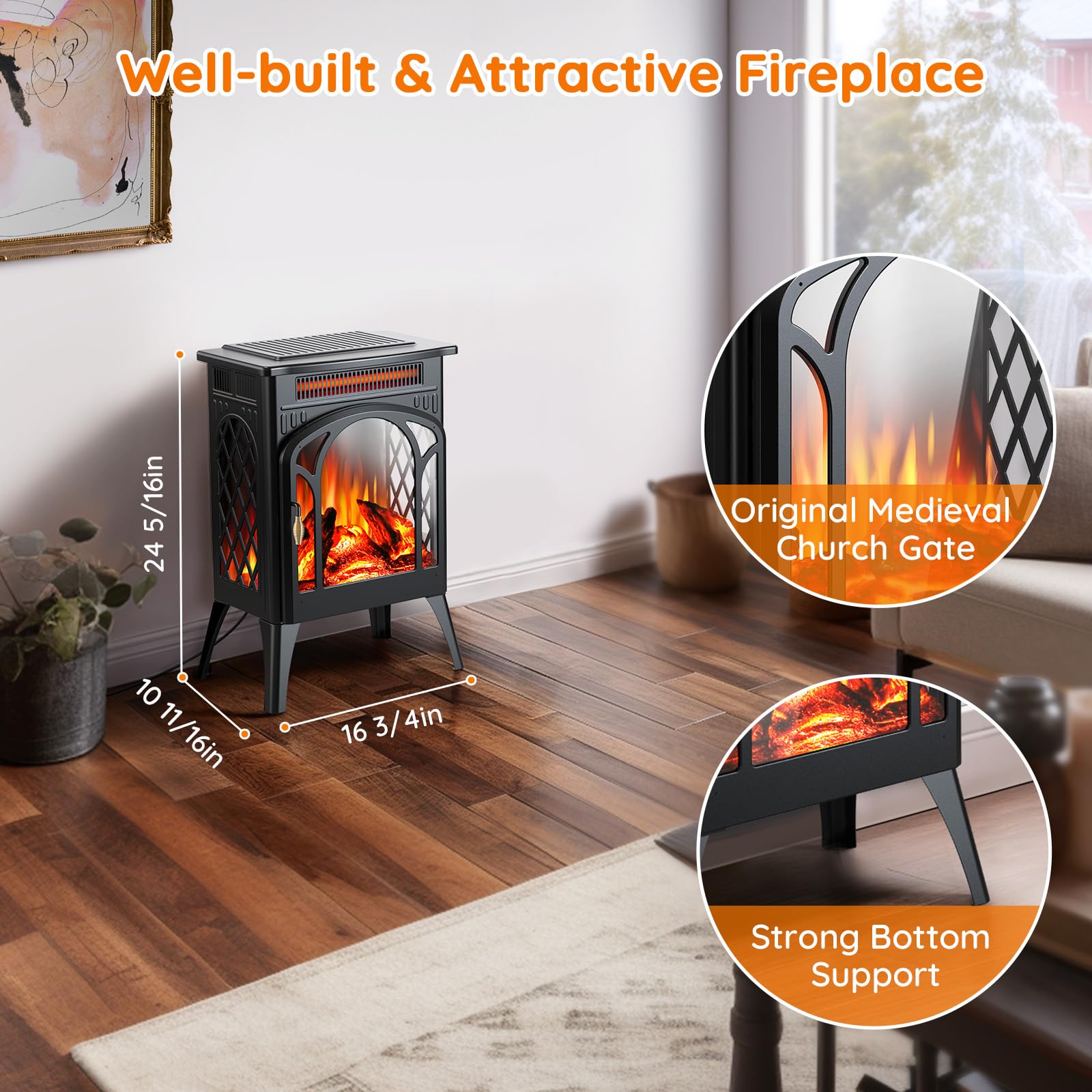 Rintuf 1500W Small Electric Fireplace Heater with 3D Flame Effect - Adjustable Thermostat, 8H Timer & Remote Control - Freestanding Infrared Space Heater for Large Rooms - Perfect for Living Room, Bedroom & Office Indoor Heating