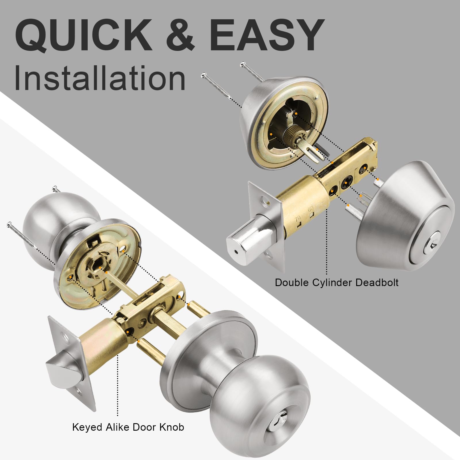 2 Pack Keyed Alike Door Knob & Deadbolt Set - Satin Nickel for Front Door Security