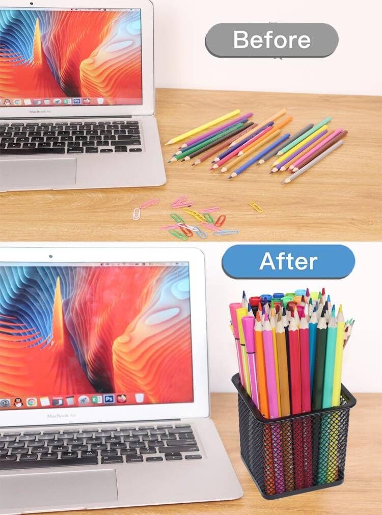 Metal Pen Holder Cup - 4 Pack Black Square Desk Organizer for Pens & Pencils | Office, Home, School & Workspace Stationery Storage Solution