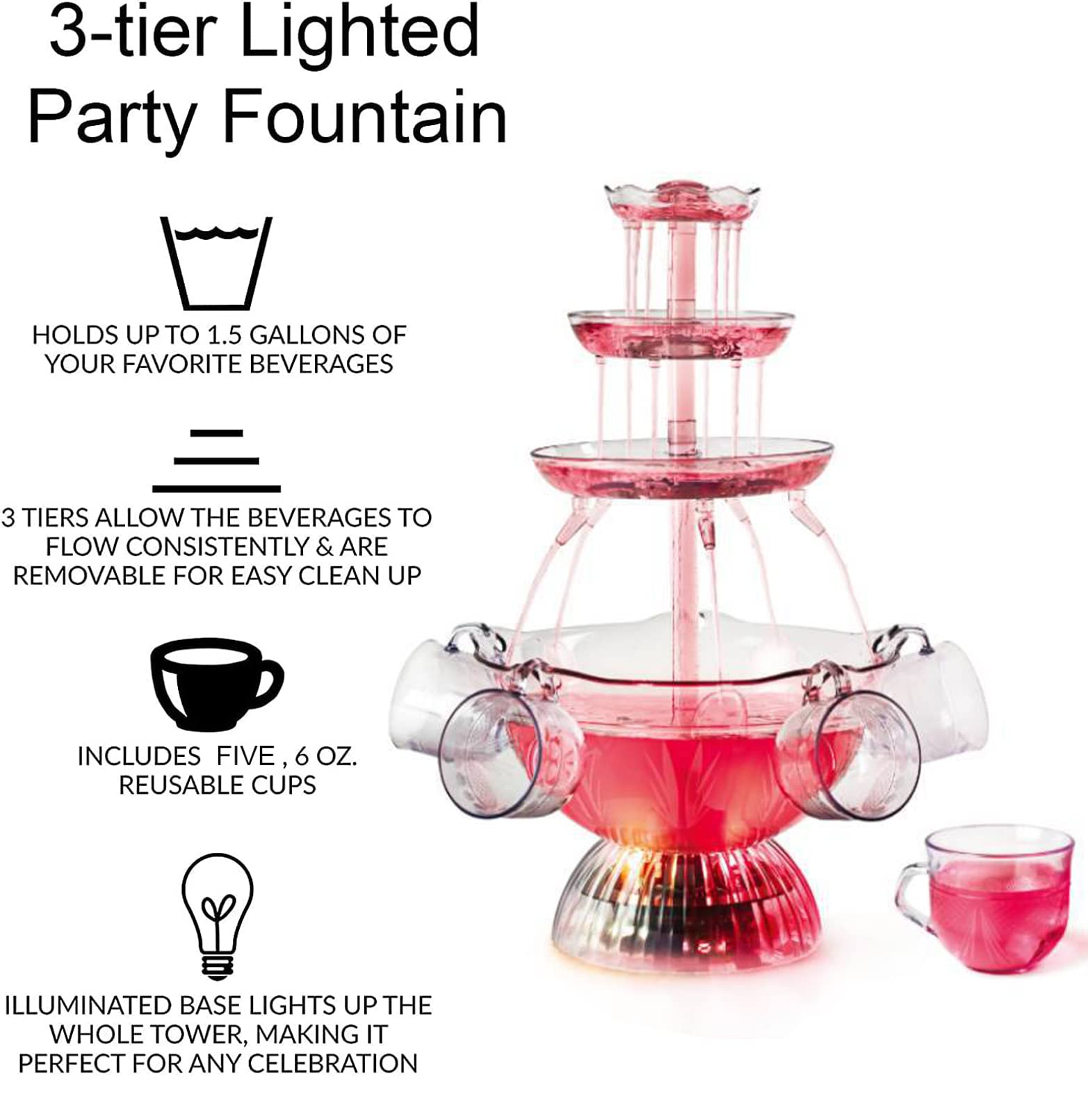 3-Tier LED Light-Up Plastic Drink Fountain with 5 Cups - Perfect for Party Games, Bar Events & Home Celebrations - Ideal for Cocktails, Mocktails & Beverage Displays