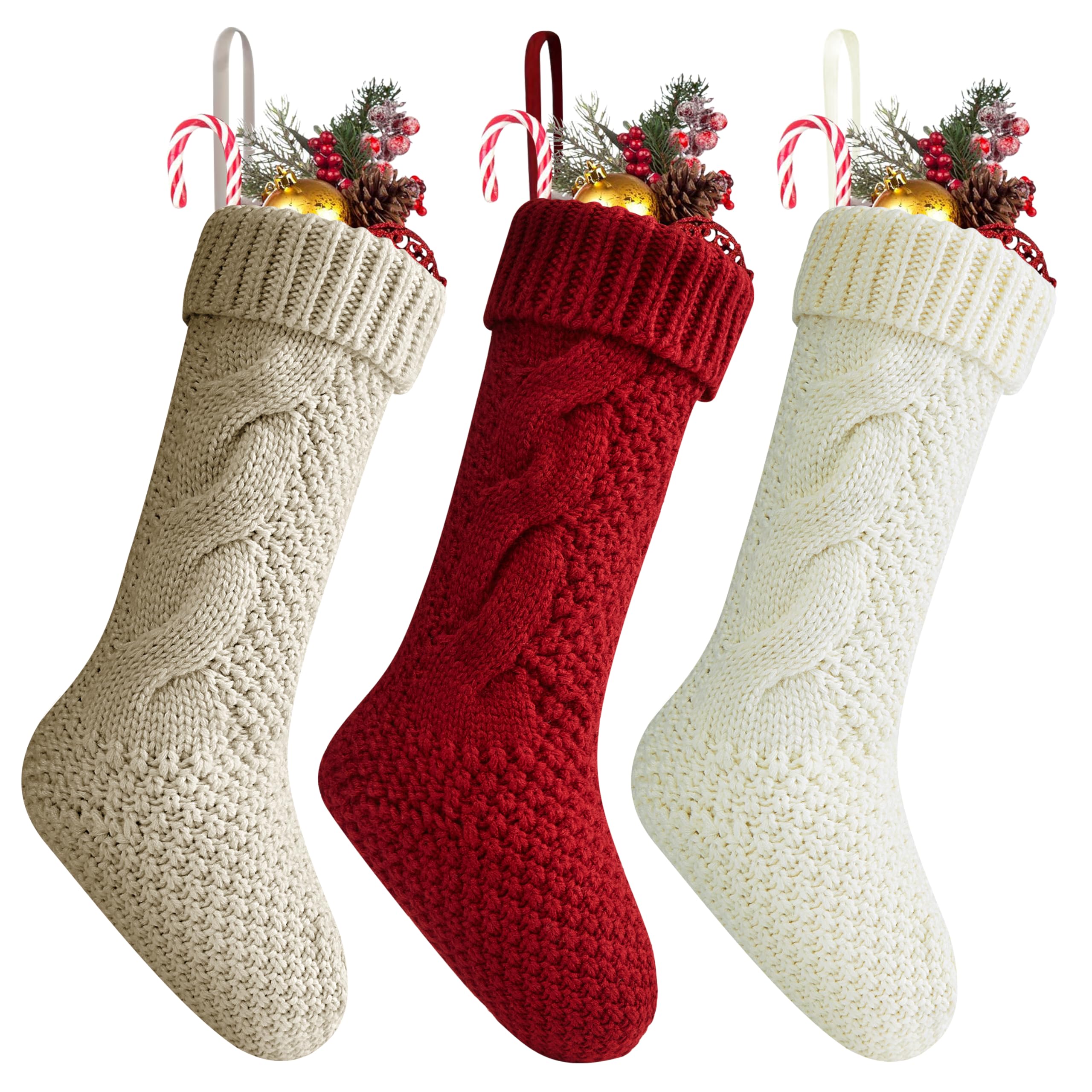 Fesciory 3-Pack Large Christmas Stockings - 18 Inch Knitted Holiday Stockings for Xmas Gifts, Family Decor (Burgundy, Ivory White, Khaki) - Perfect for Fireplace Mantel Decorations & Christmas Party Favors