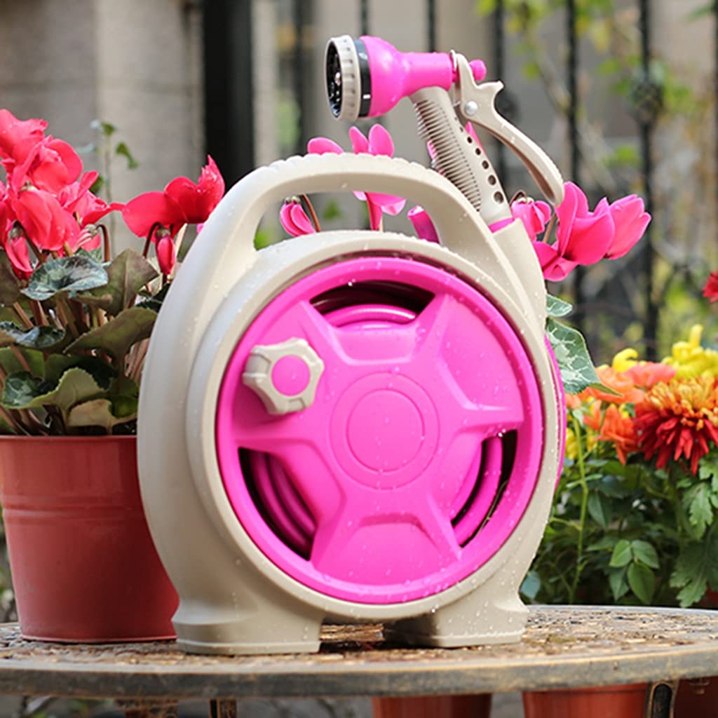 Portable Garden Hose Reel Cart with Water Gun - ABS Mini Hose Storage Rack for Outdoor Car Washing, Gardening & Lawn Watering (Rose Red, Includes 13.5m/44ft DN15 Hose) - Perfect for Backyard, Patio & Home Cleaning