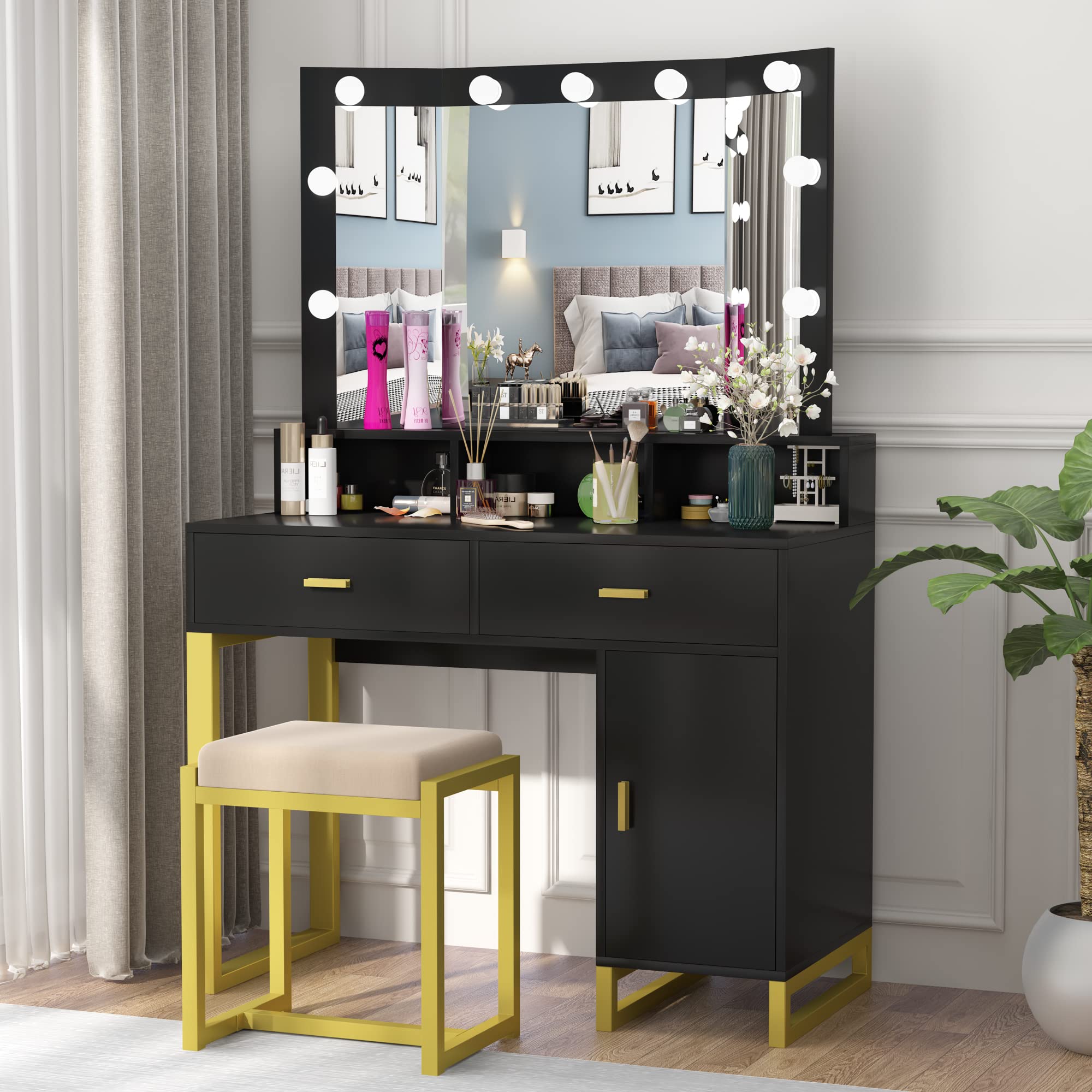 PAKASEPT Vanity Set with LED Lights - Makeup Vanity Desk with Tri-Fold Mirror, 2 Drawers & Storage Cabinet - Dressing Table with Cushioned Stool for Women & Girls | Perfect for Bedroom, Dorm Room, Beauty Salon & Home Decor